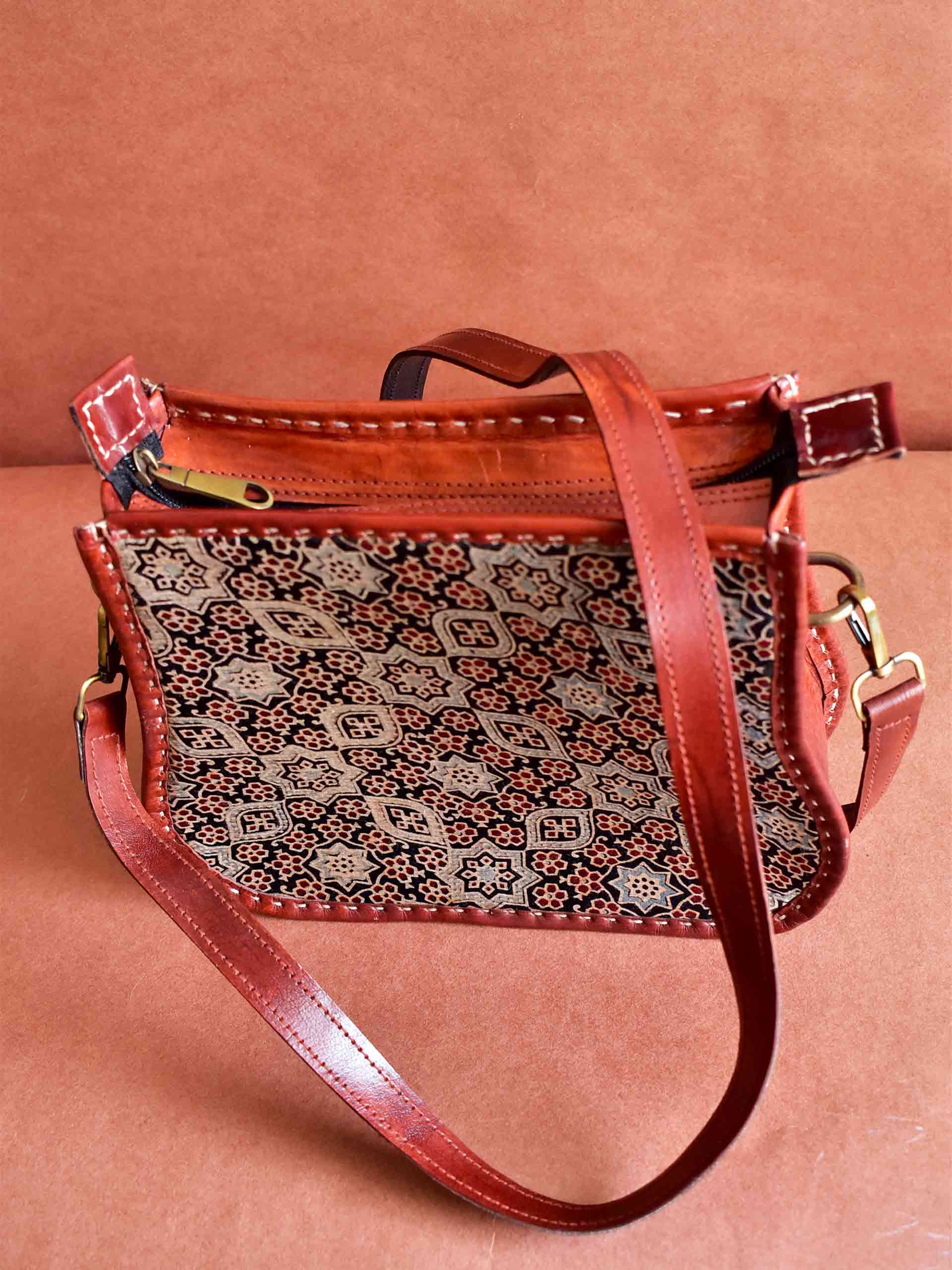 Earthy - leather and Mashru silk bag