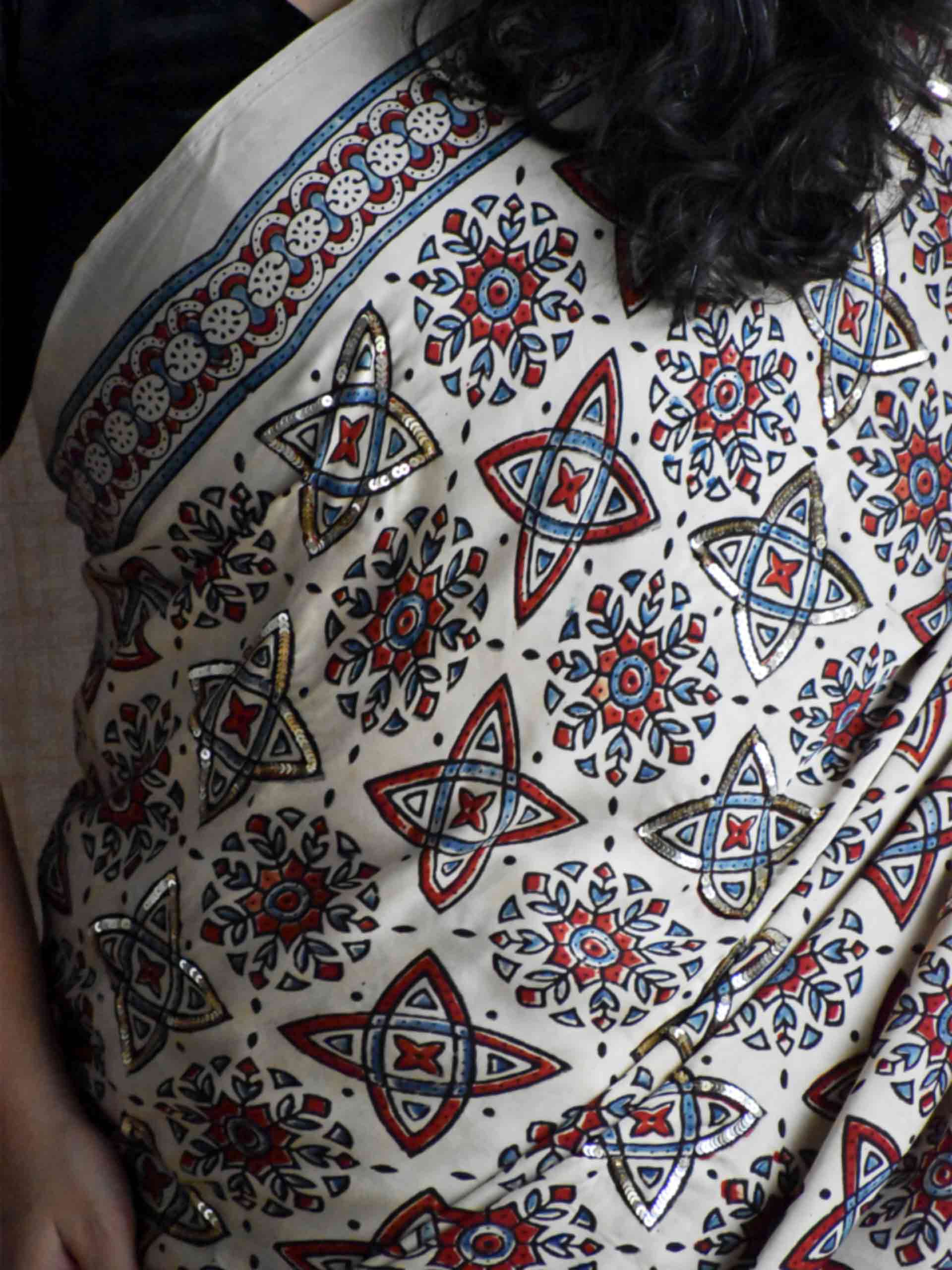 Subh-e-Nazneen - Ajrakh modal Silk hand embroidered Saree