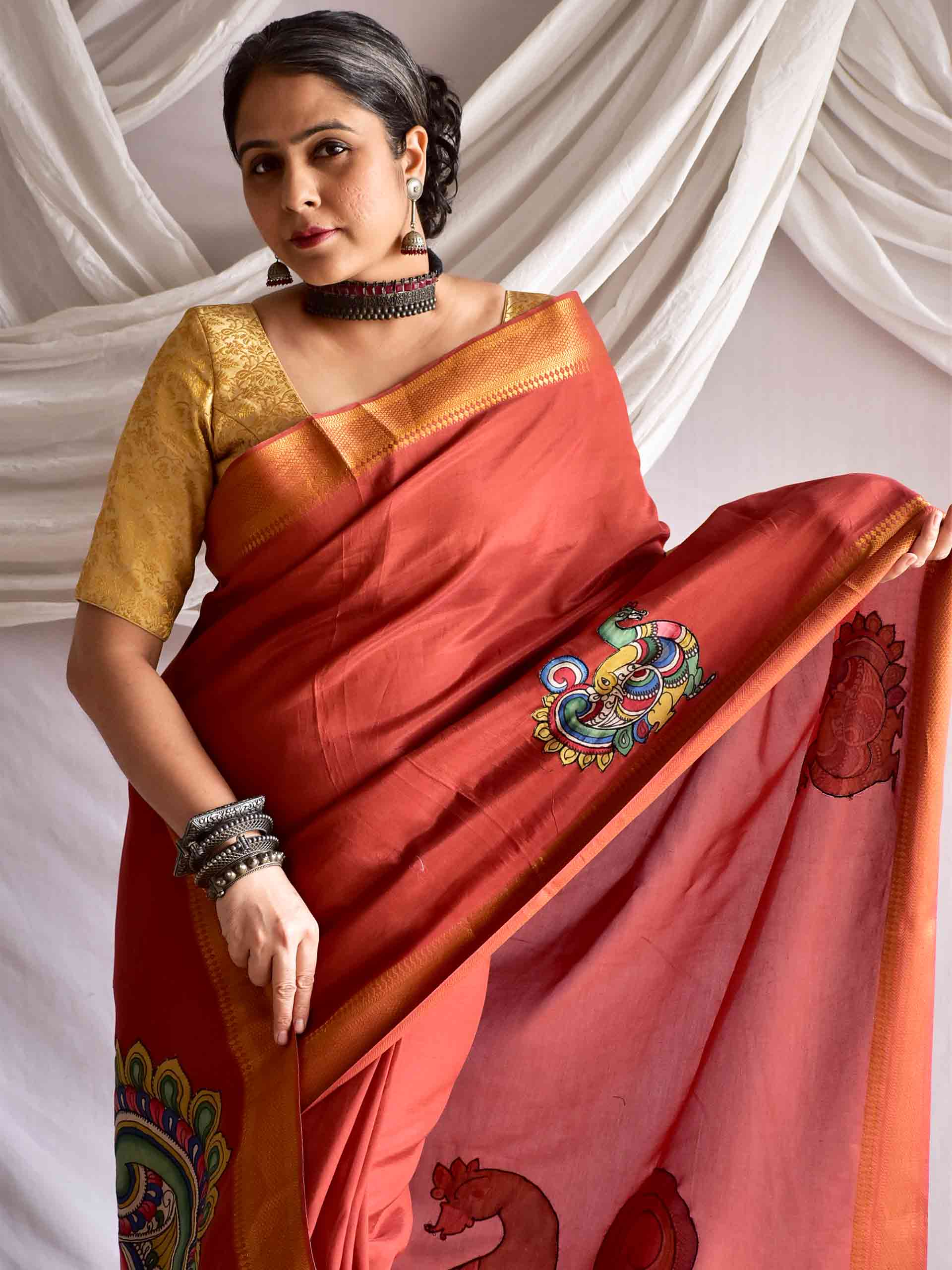 Megdootam - pen kalamkari Patchwork Mangalgiri Silk nizam border saree