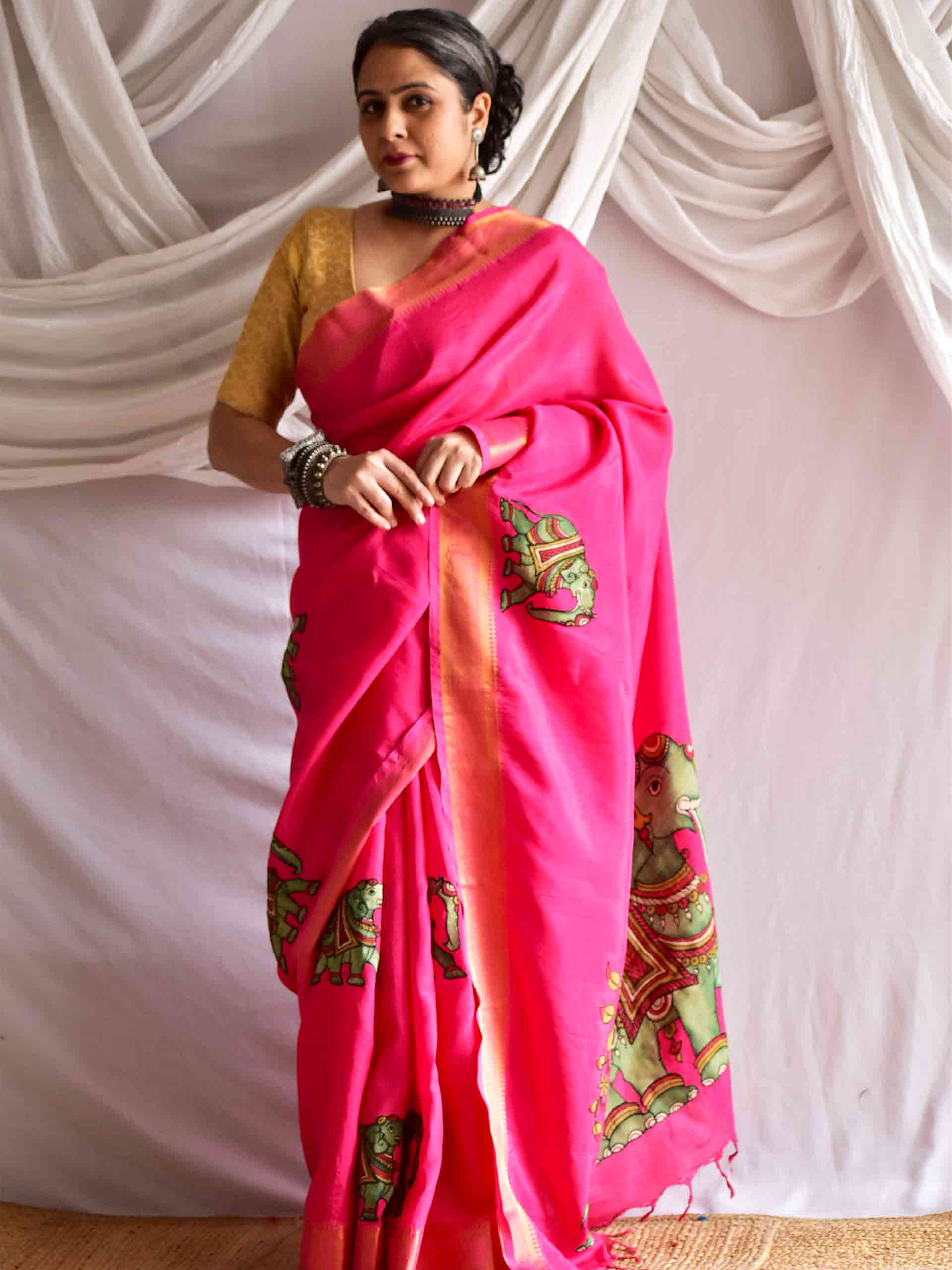 Gaj gamini - Pen kalamkari Patchwork Mangalgiri Silk nizam border saree