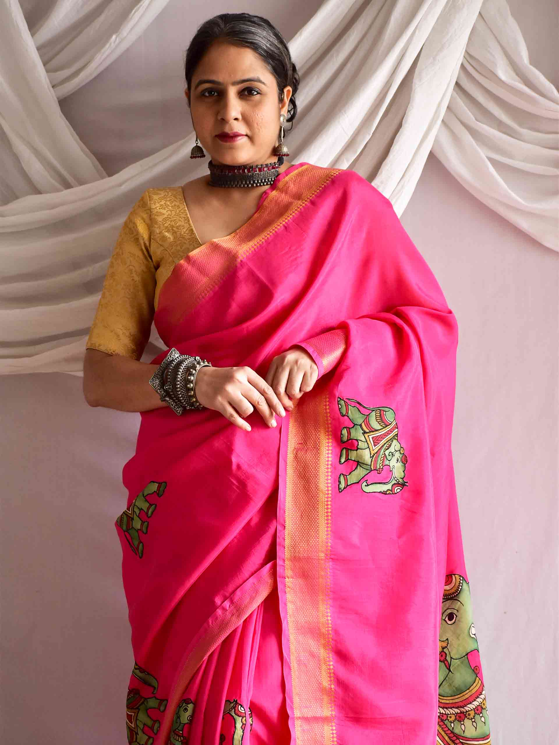 Gaj gamini - Pen kalamkari Patchwork Mangalgiri Silk nizam border saree