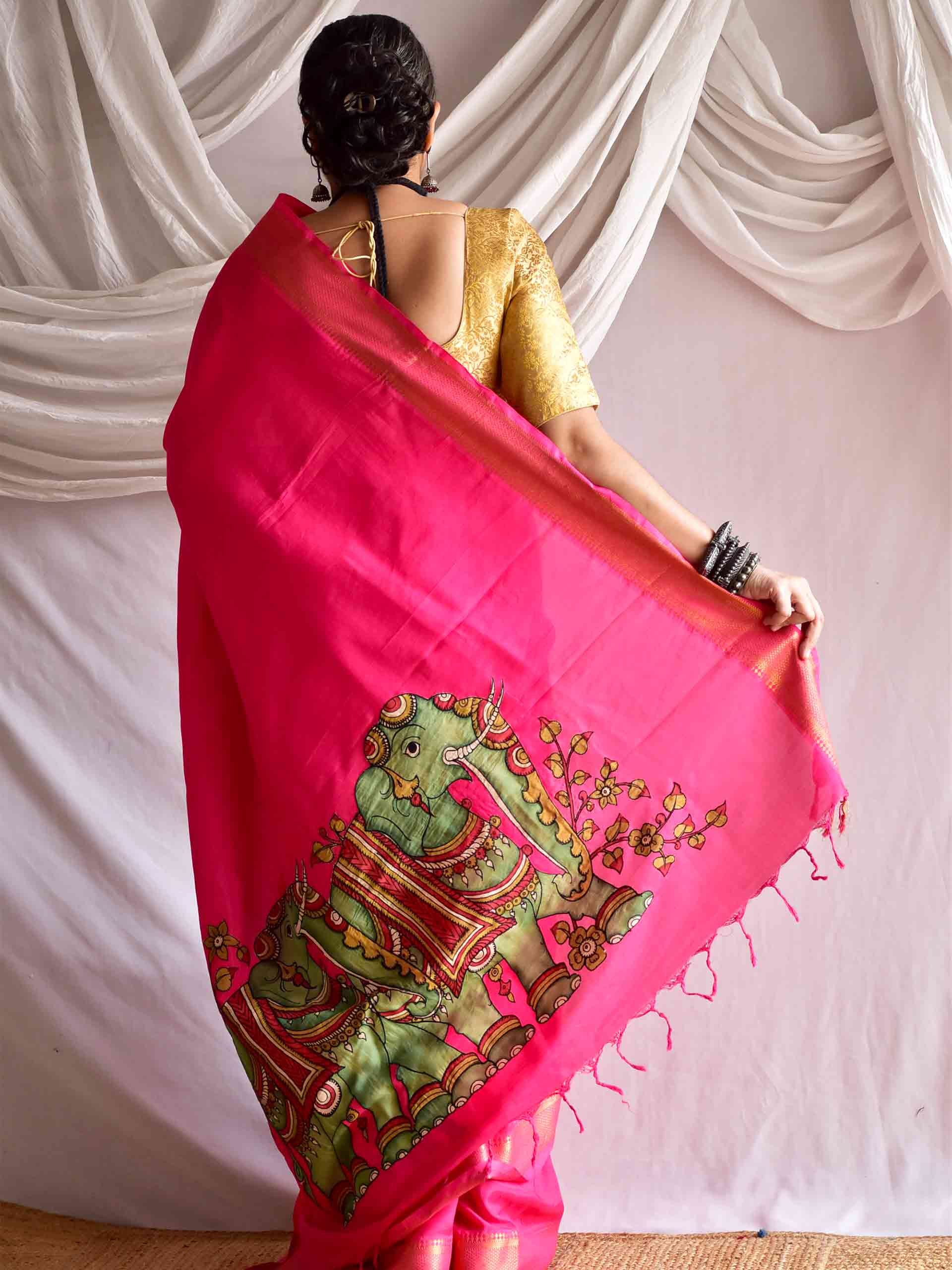 Gaj gamini - Pen kalamkari Patchwork Mangalgiri Silk nizam border saree