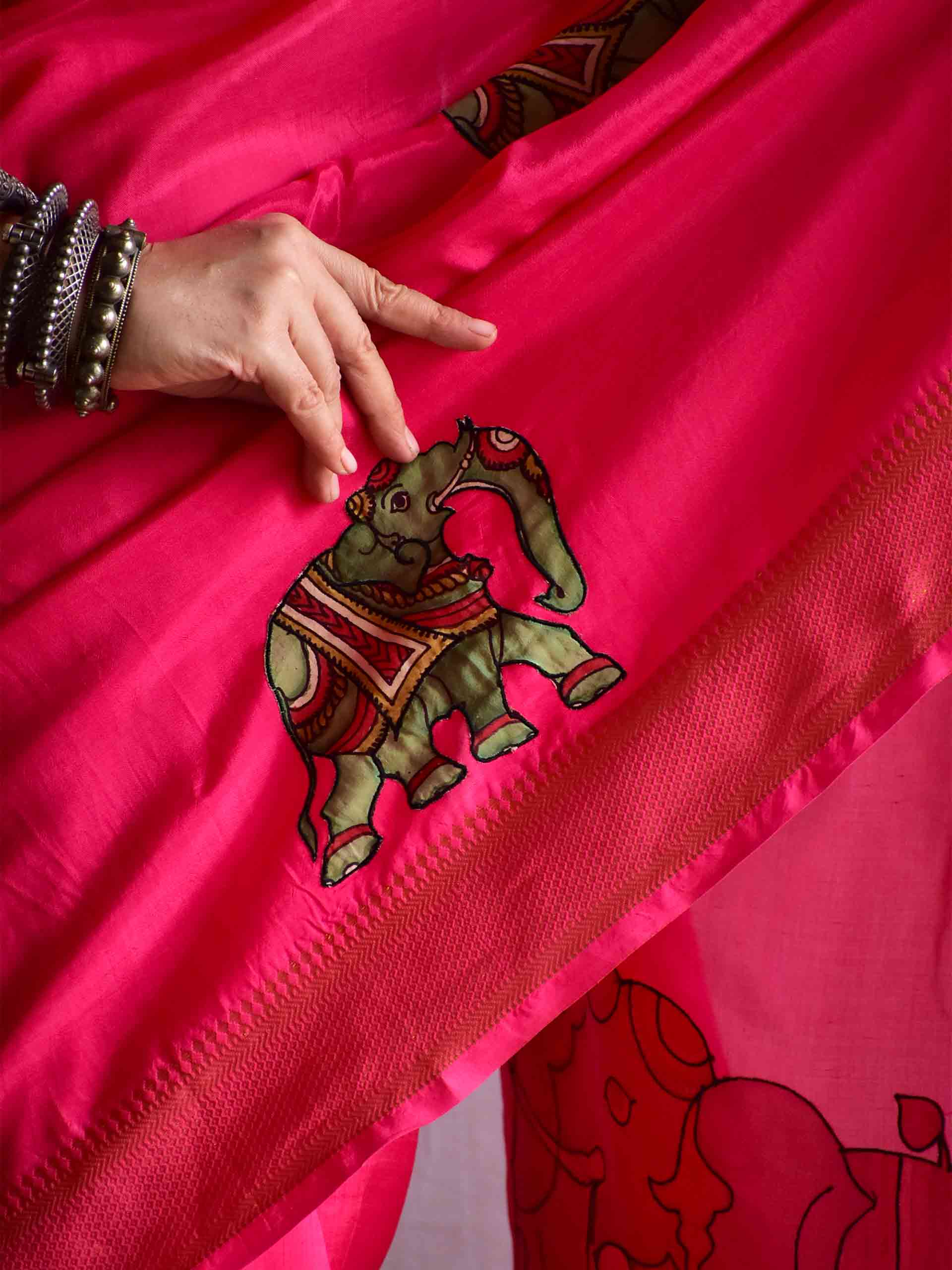 Gaj gamini - Pen kalamkari Patchwork Mangalgiri Silk nizam border saree