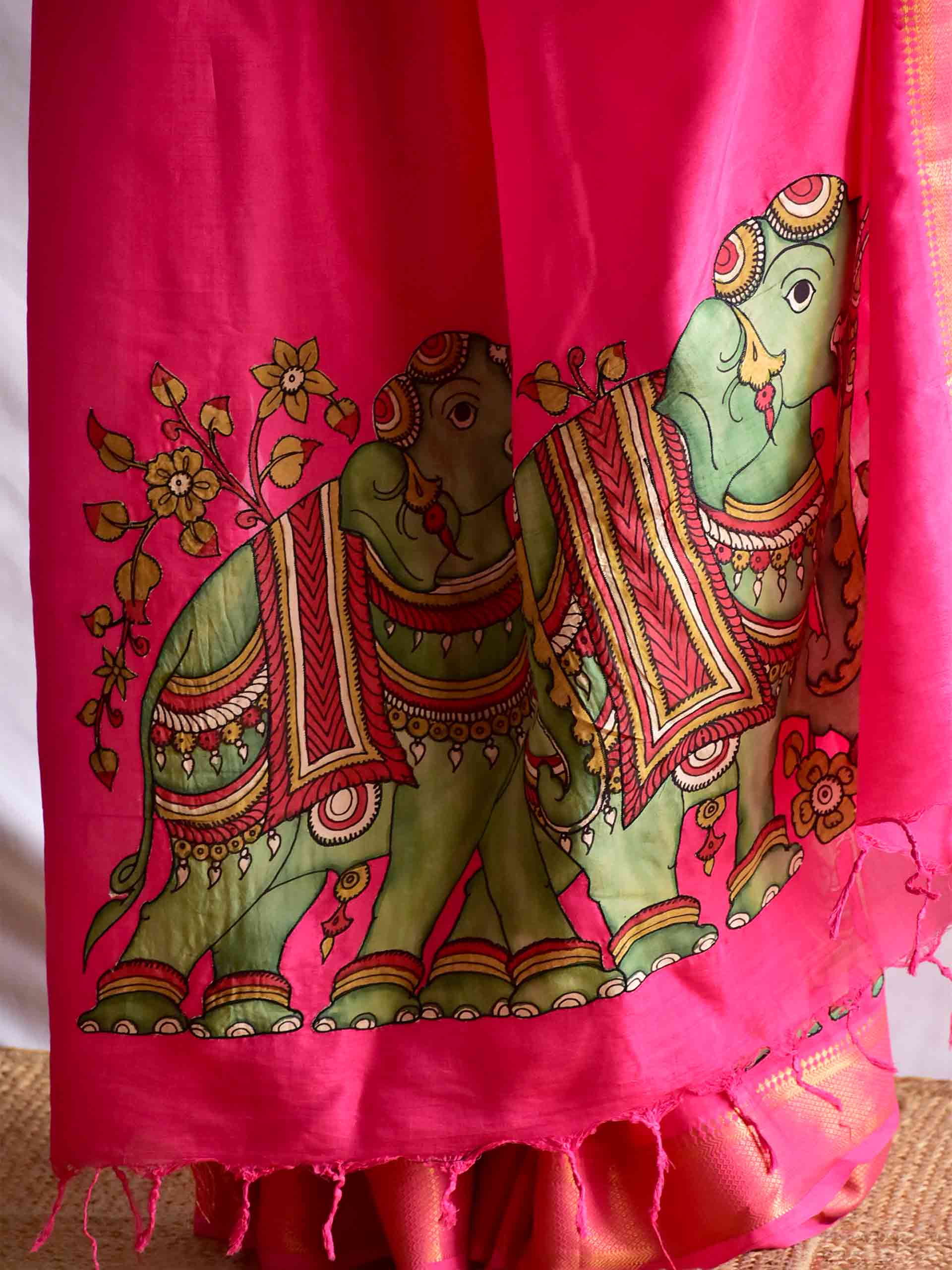 Gaj gamini - Pen kalamkari Patchwork Mangalgiri Silk nizam border saree