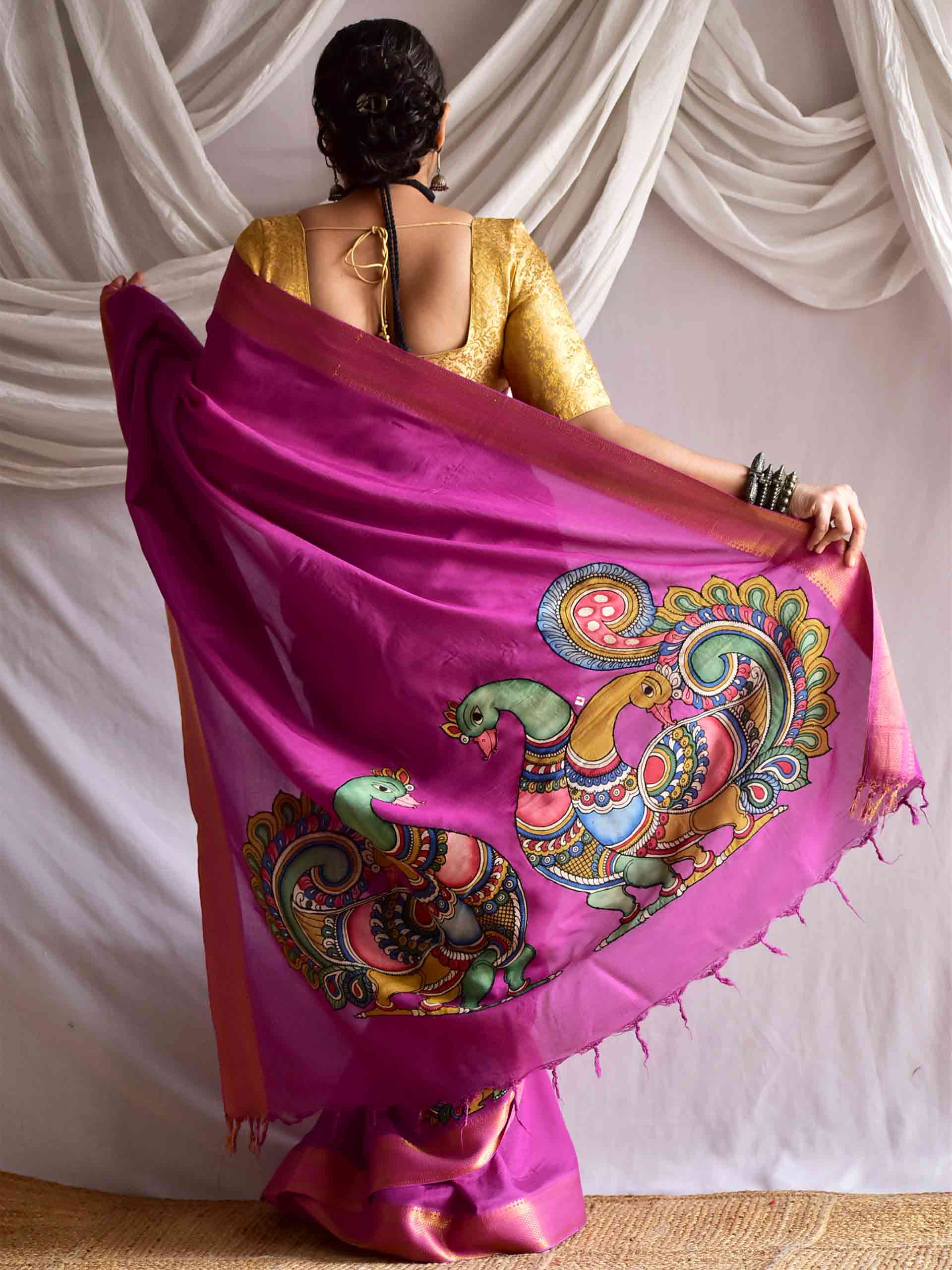 Morni - pen kalamkari Patchwork Mangalgiri Silk nizam border saree