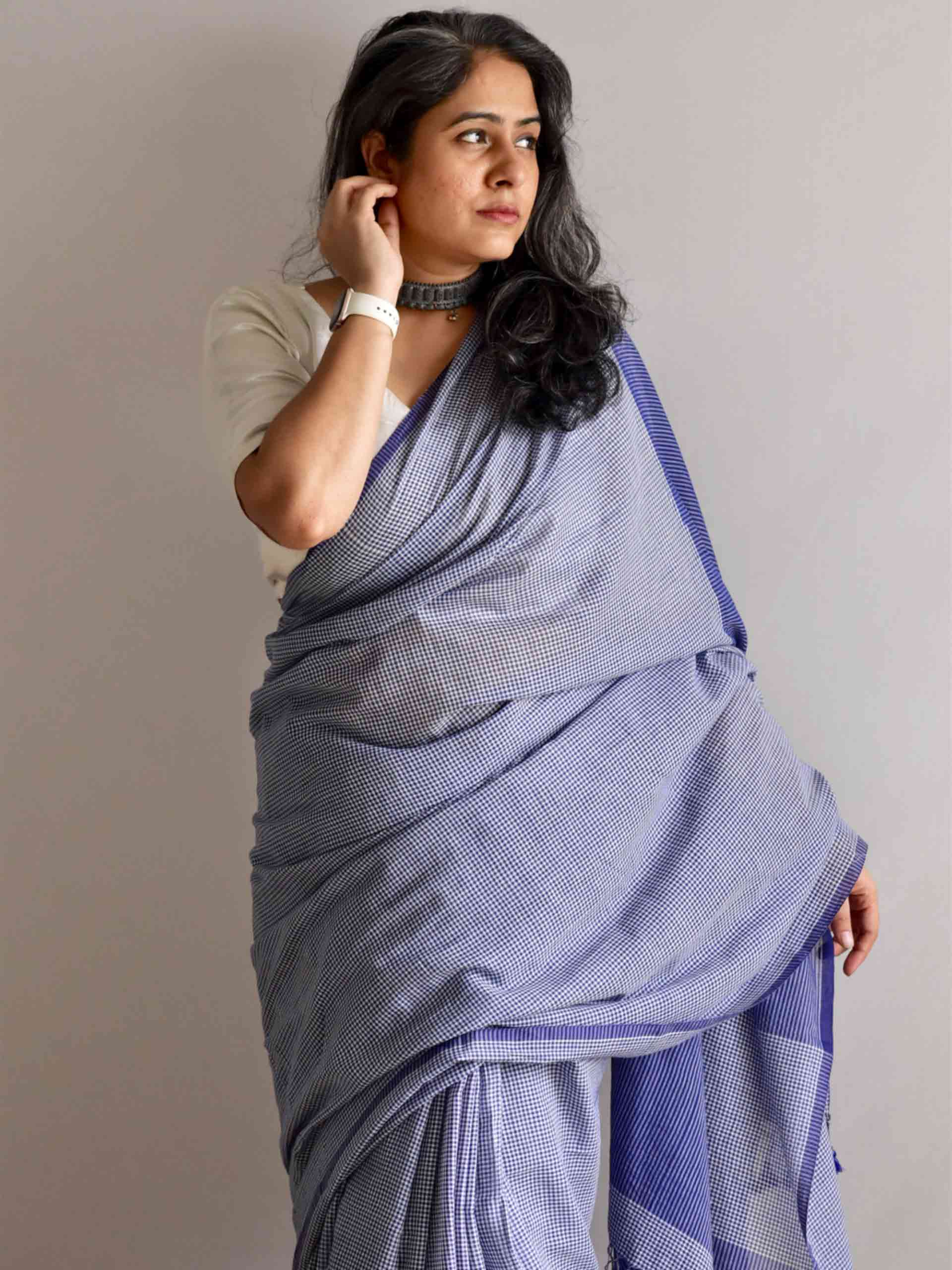 Amber - checkered Mul cotton saree