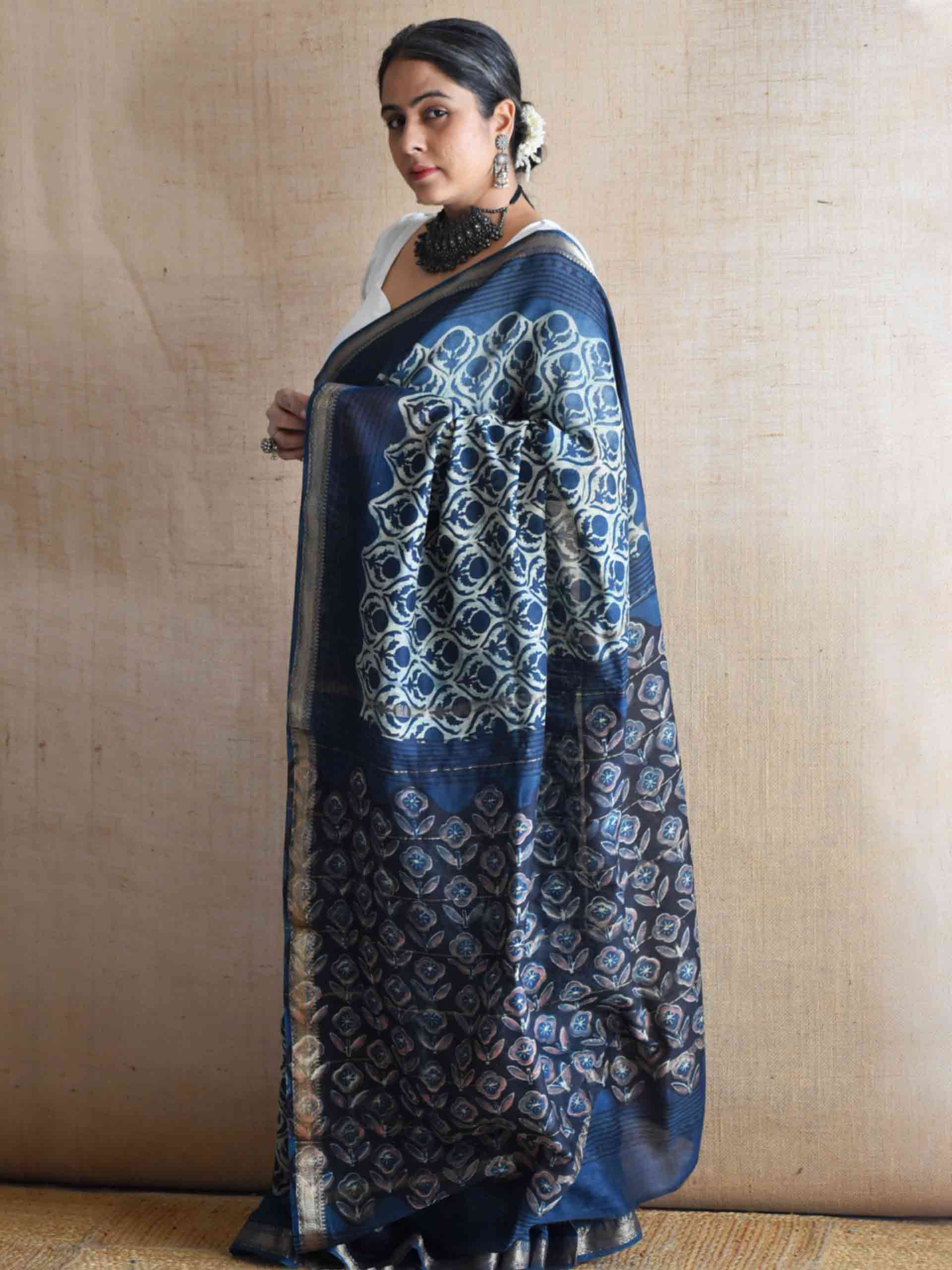 Gulbahar rang - Bagru Maheshwari silk saree