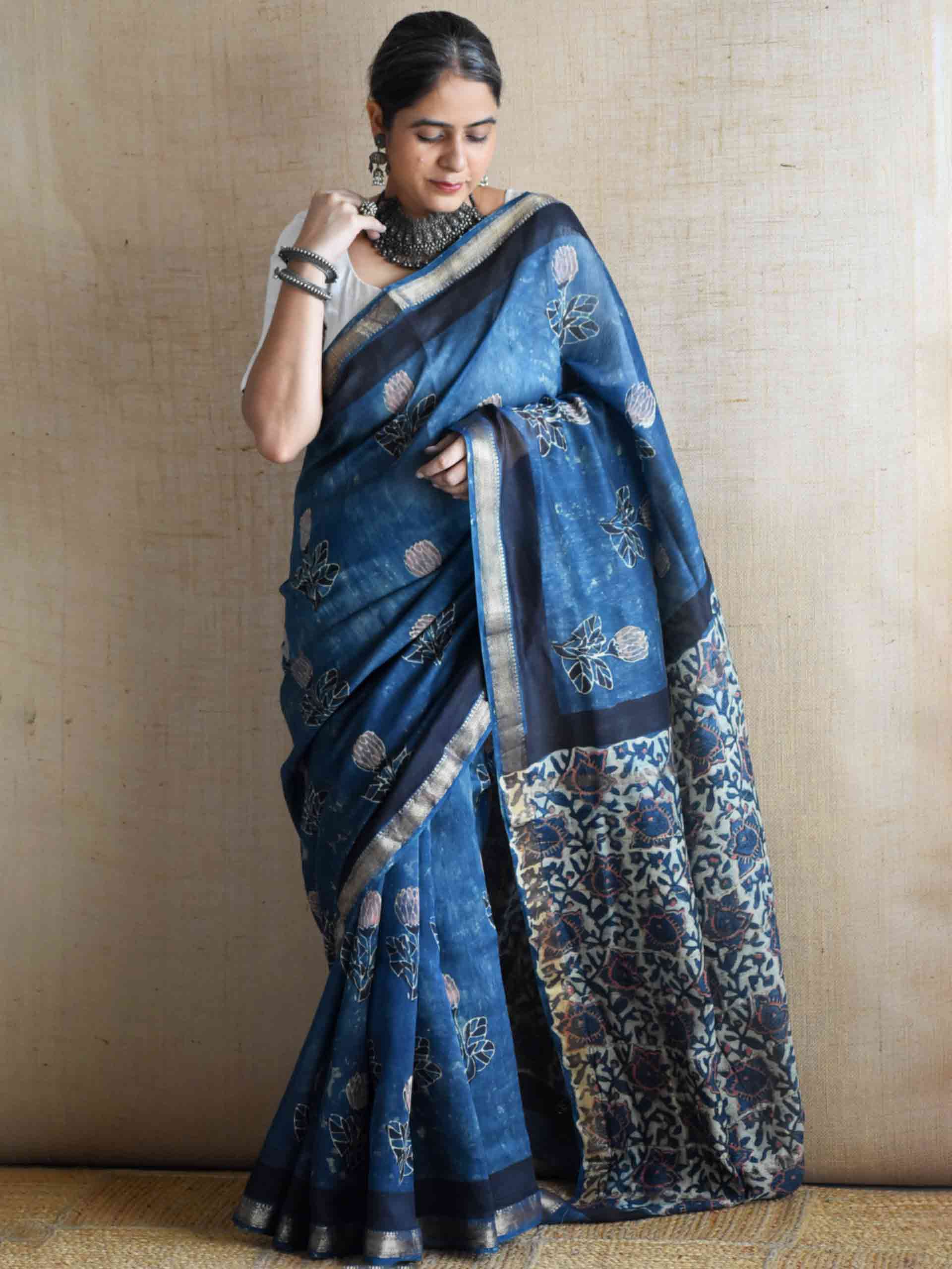Neel tara - Bagru Maheshwari silk saree