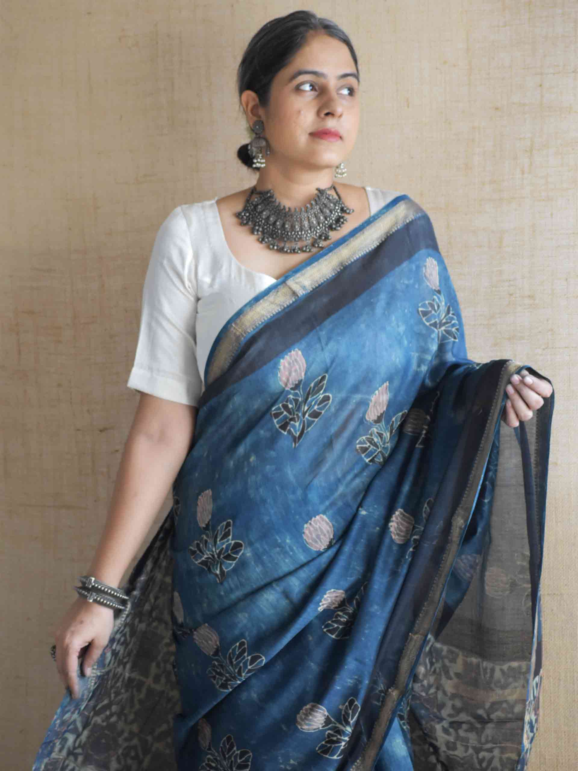 Neel tara - Bagru Maheshwari silk saree