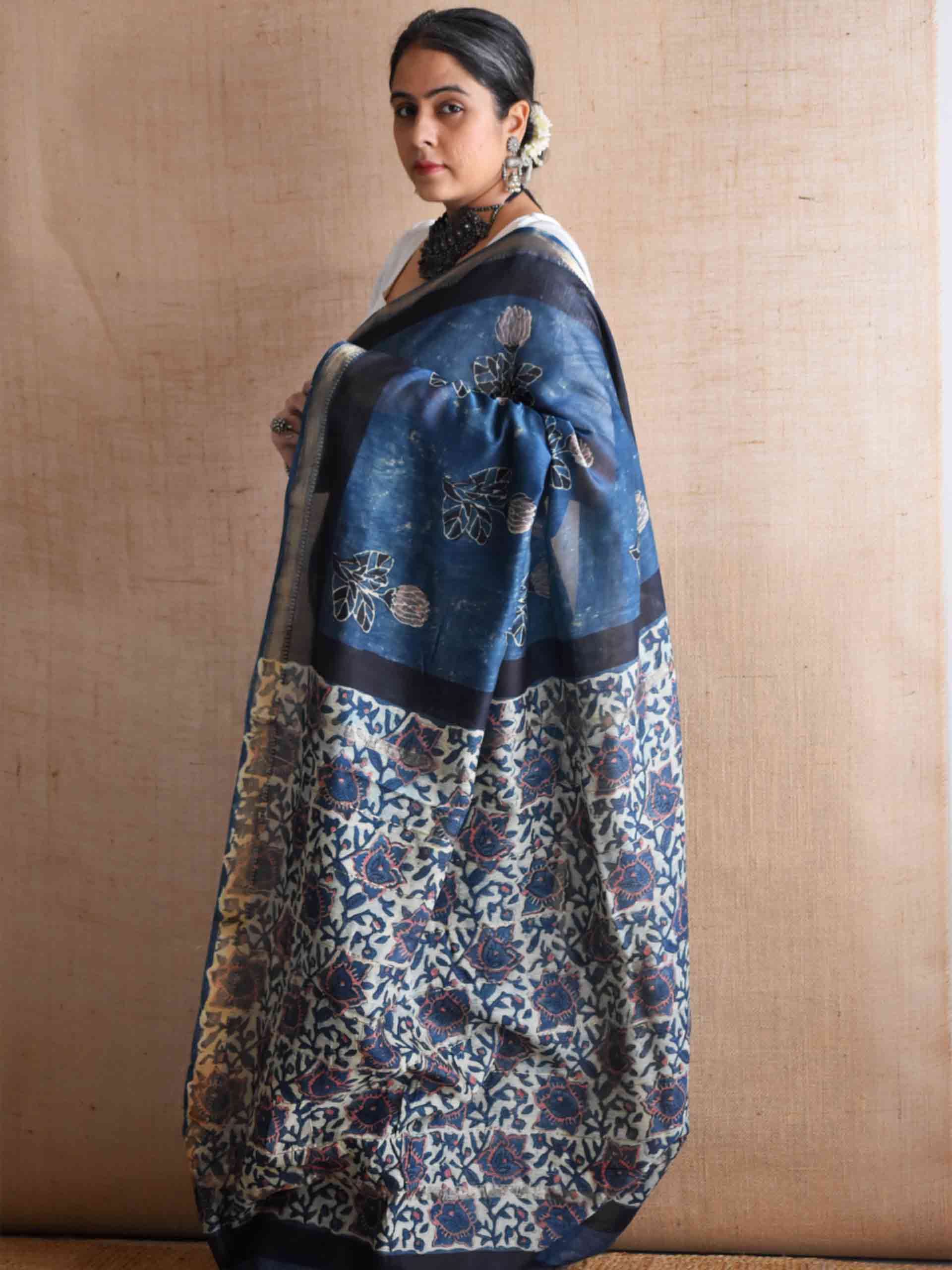 Neel tara - Bagru Maheshwari silk saree