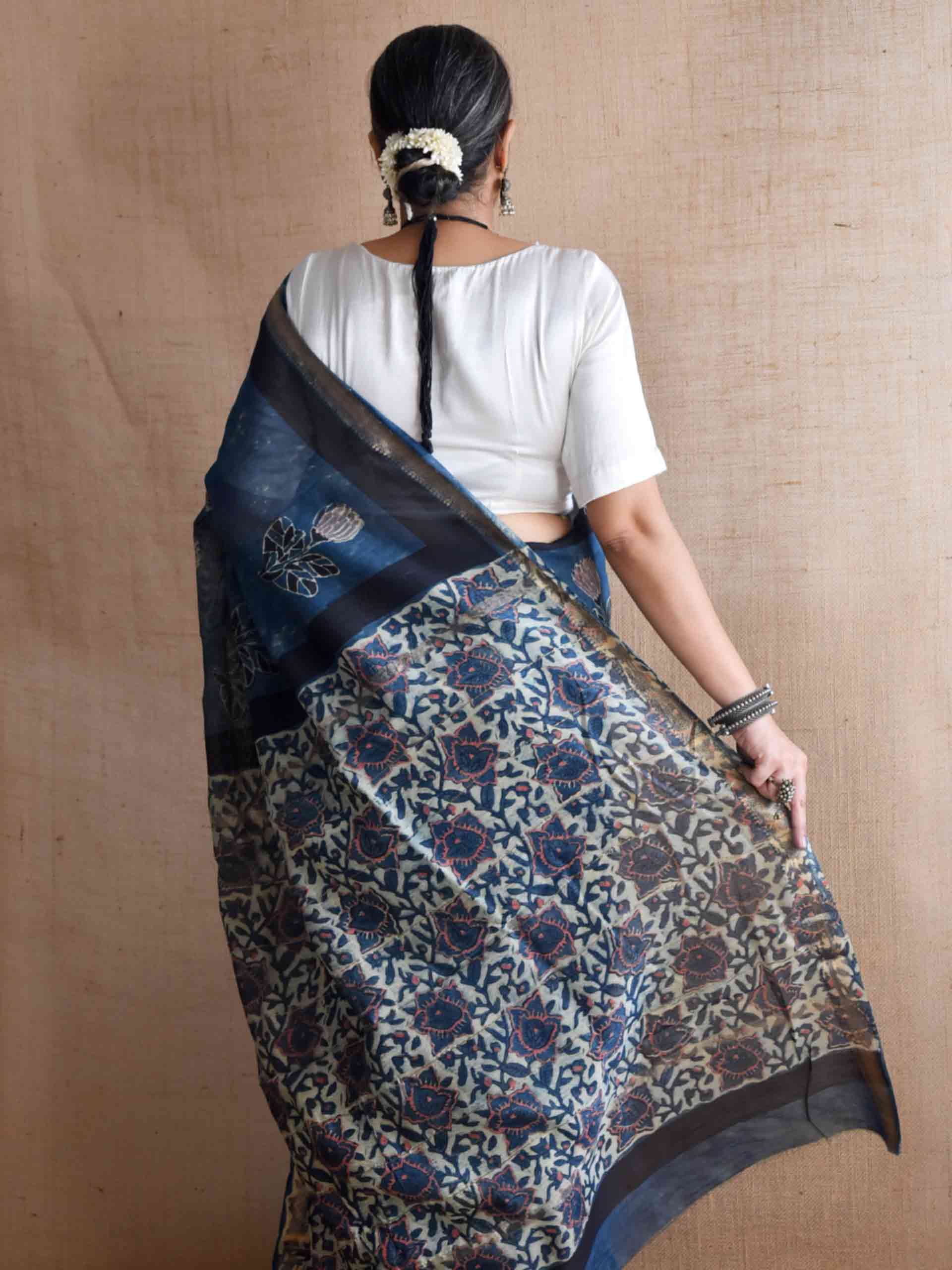 Neel tara - Bagru Maheshwari silk saree