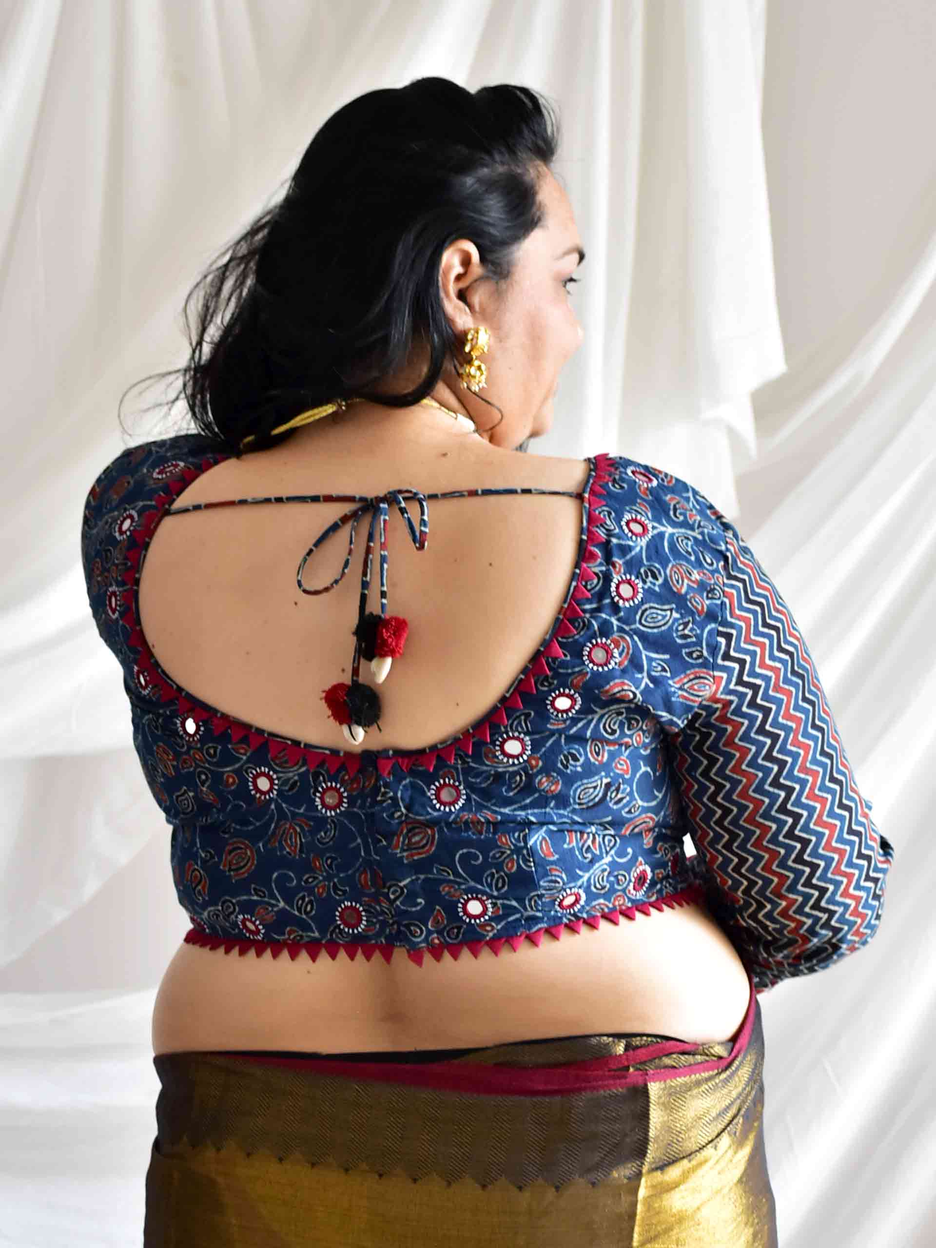 Blues - Plus size Ajrakh hand block printed Kutch mirror work blouse