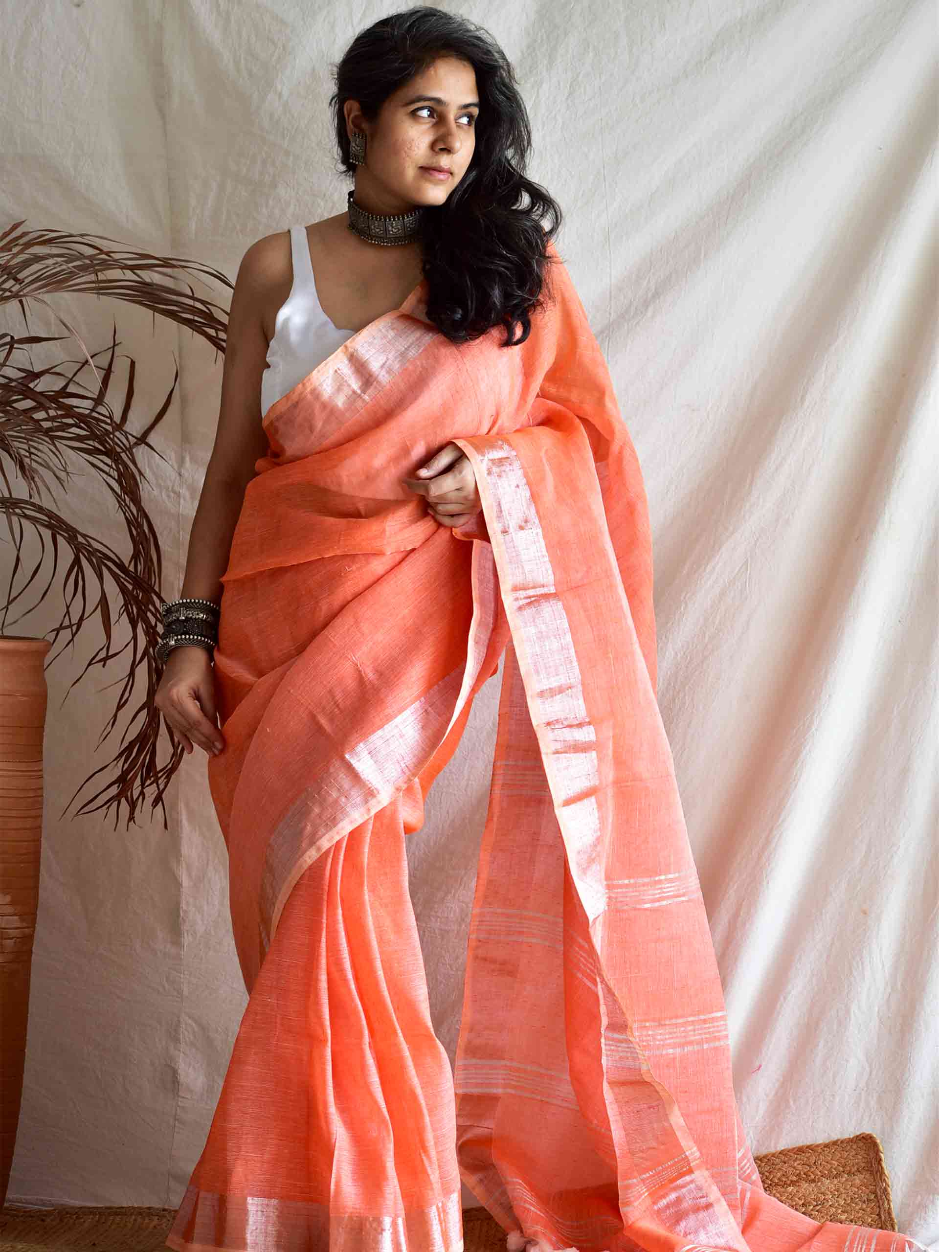 Peppy orange - Linen Saree