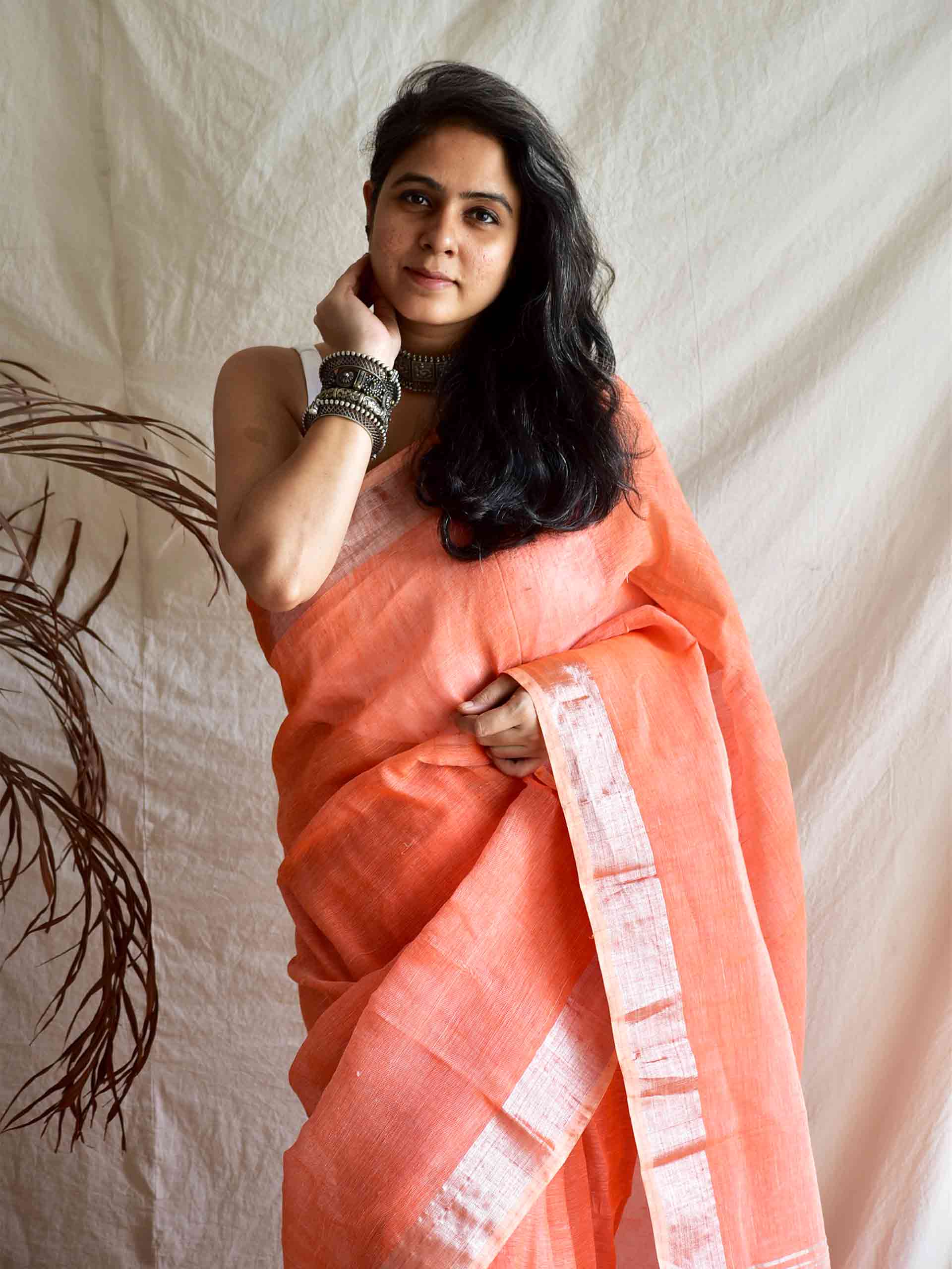 Peppy orange - Linen Saree