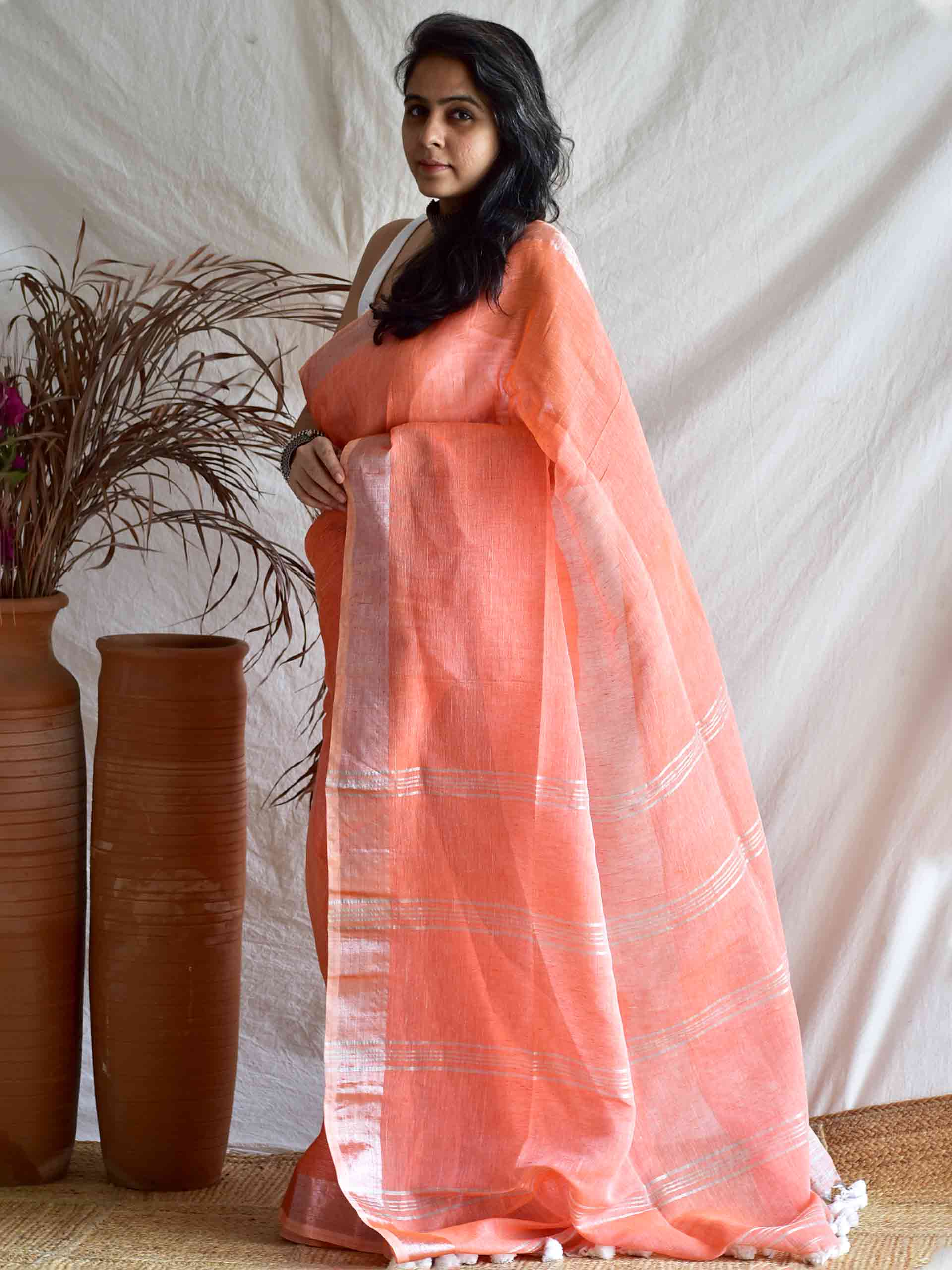Peppy orange - Linen Saree