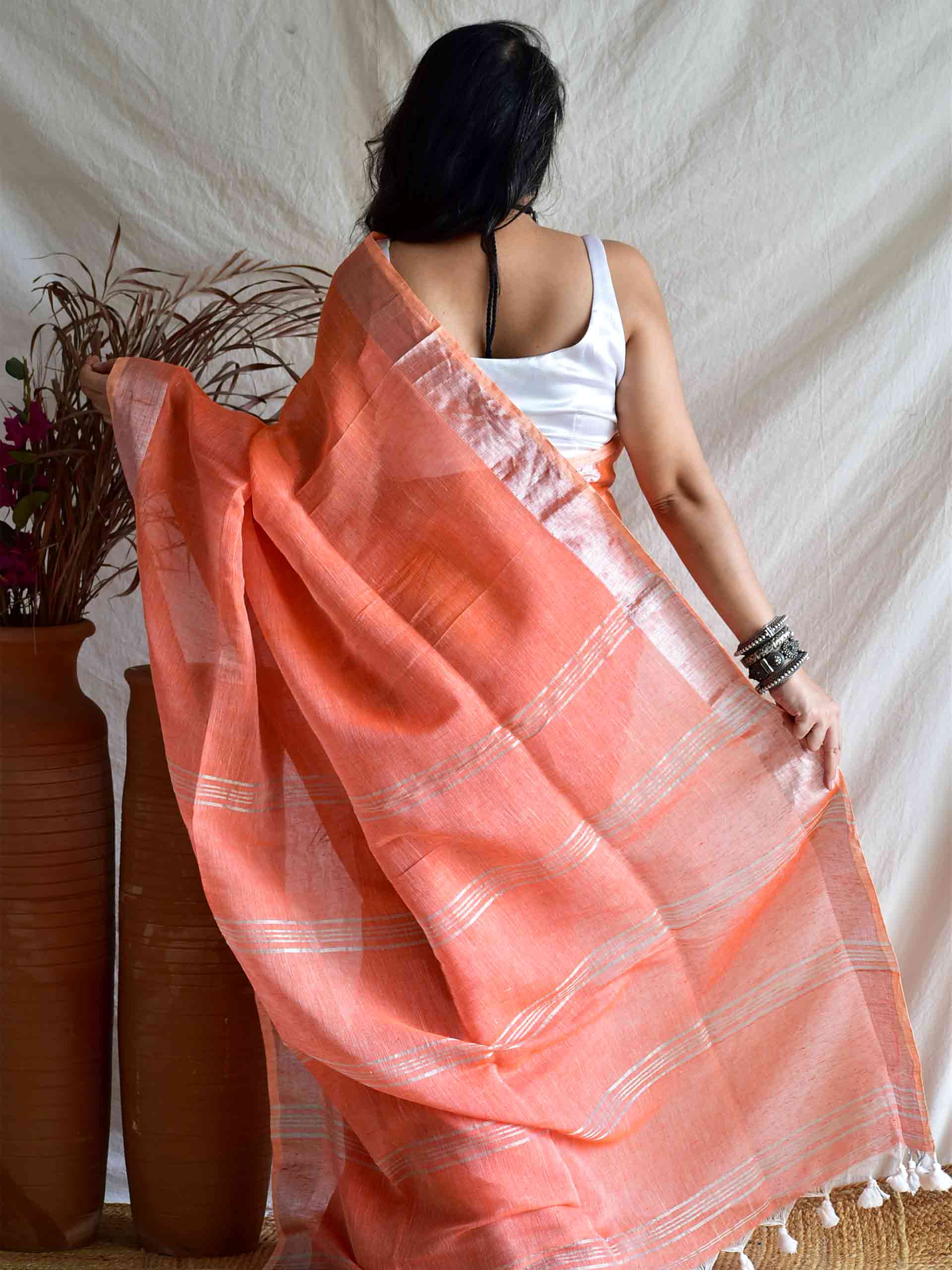Peppy orange - Linen Saree