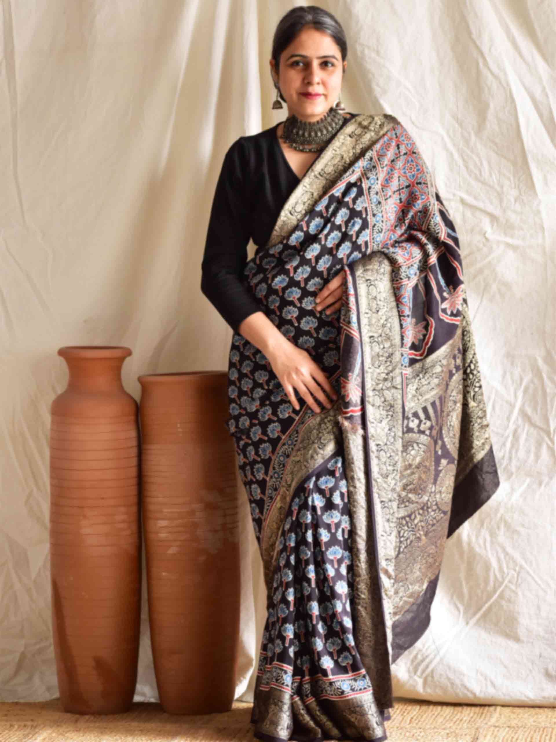 Bhavya - Ajrakh Dola silk zari pallu saree