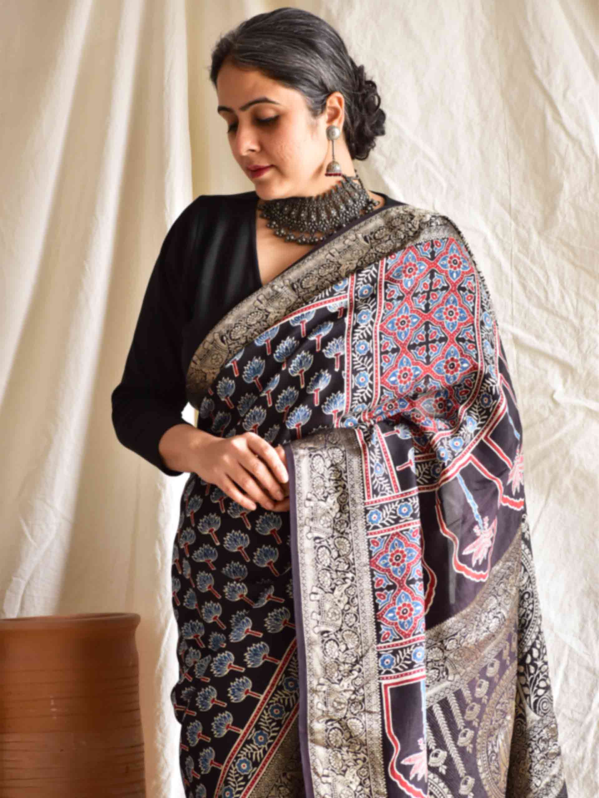 Bhavya - Ajrakh Dola silk zari pallu saree