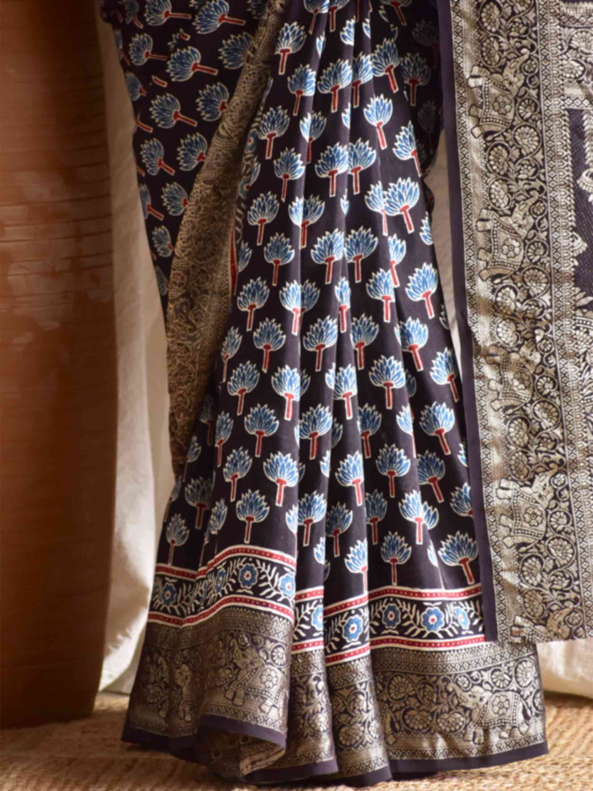 Bhavya - Ajrakh Dola silk zari pallu saree