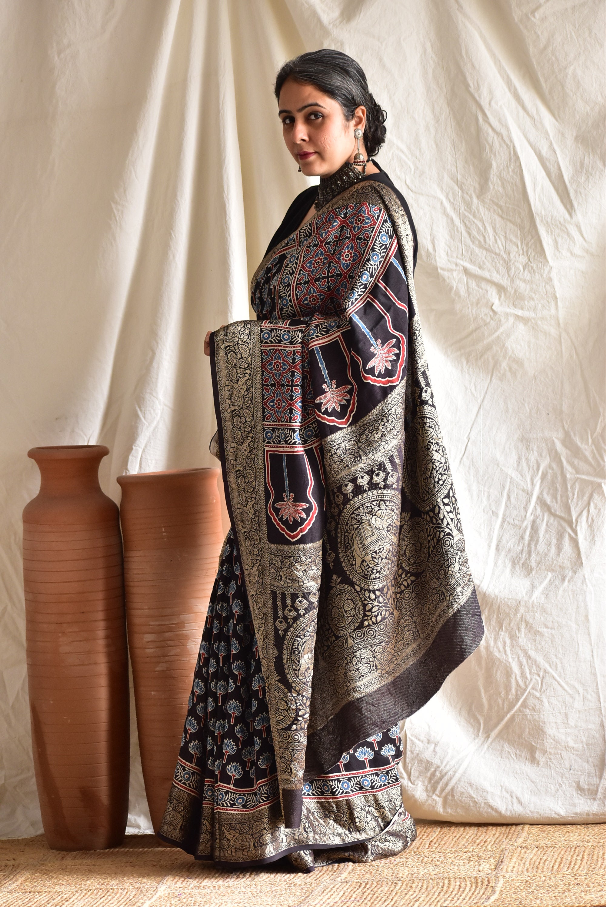 Bhavya - Ajrakh Dola silk zari pallu saree