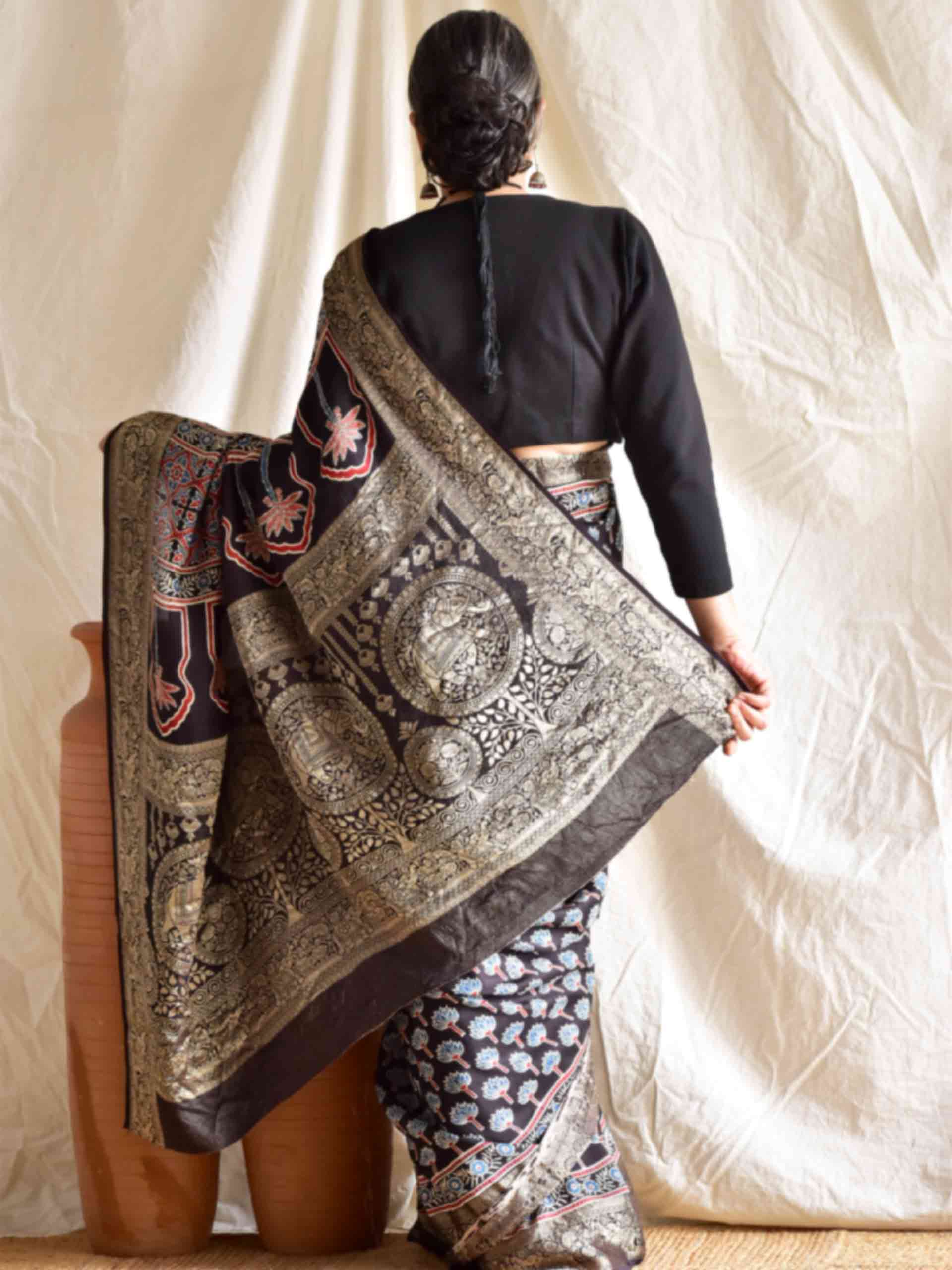 Bhavya - Ajrakh Dola silk zari pallu saree