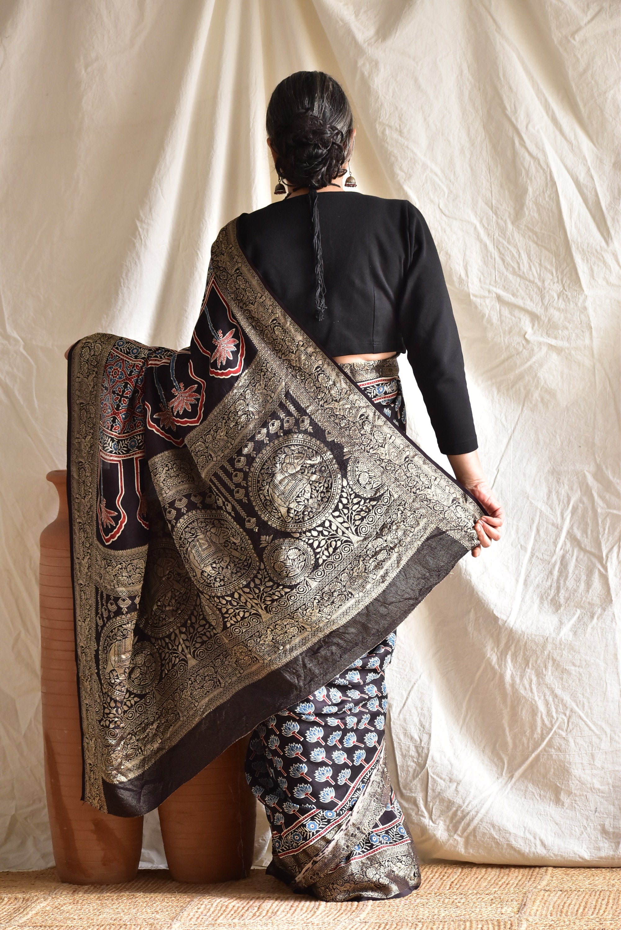 Bhavya - Ajrakh Dola silk zari pallu saree