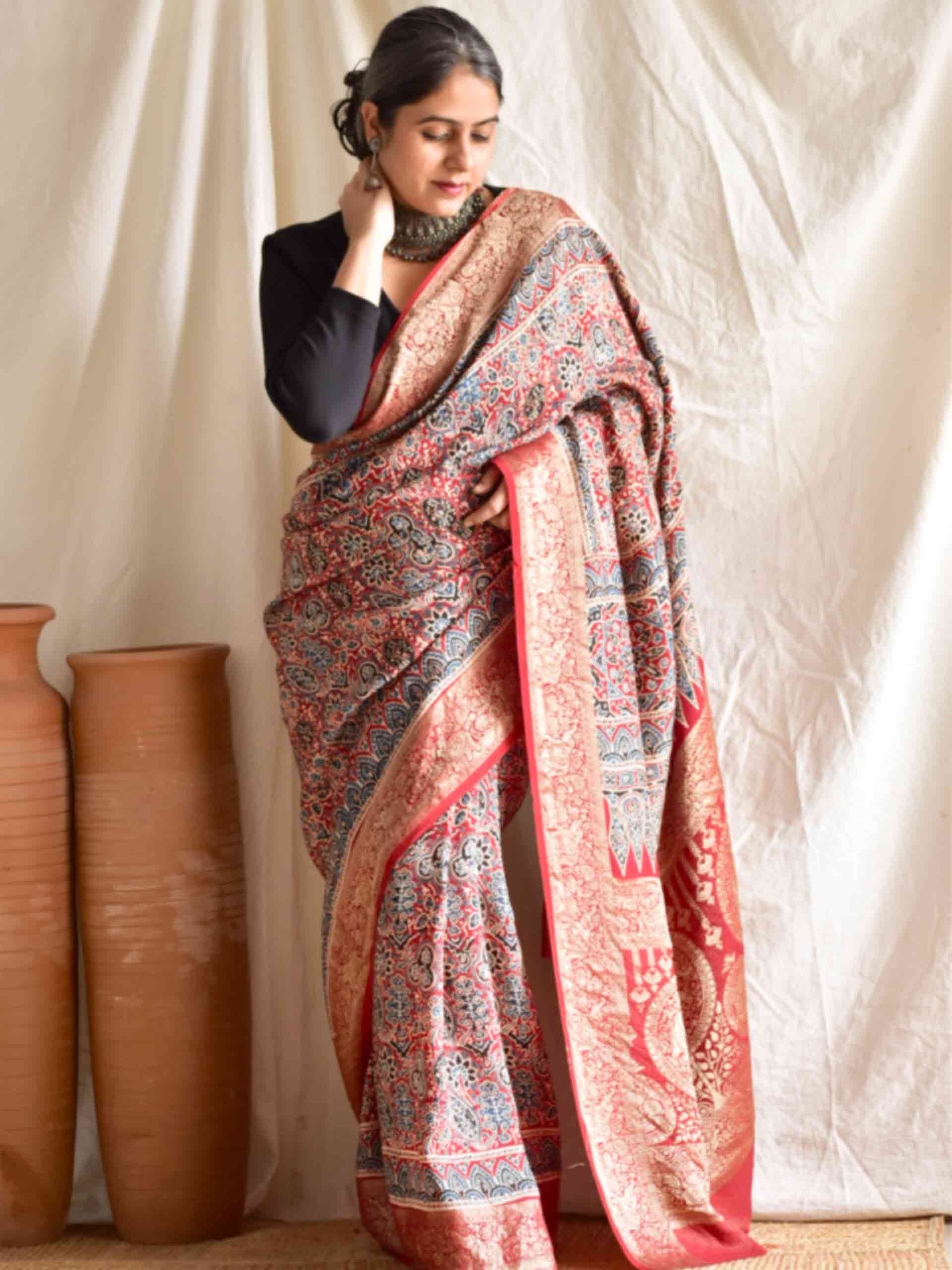 Sanskriti - Ajrakh Dola silk zari pallu saree