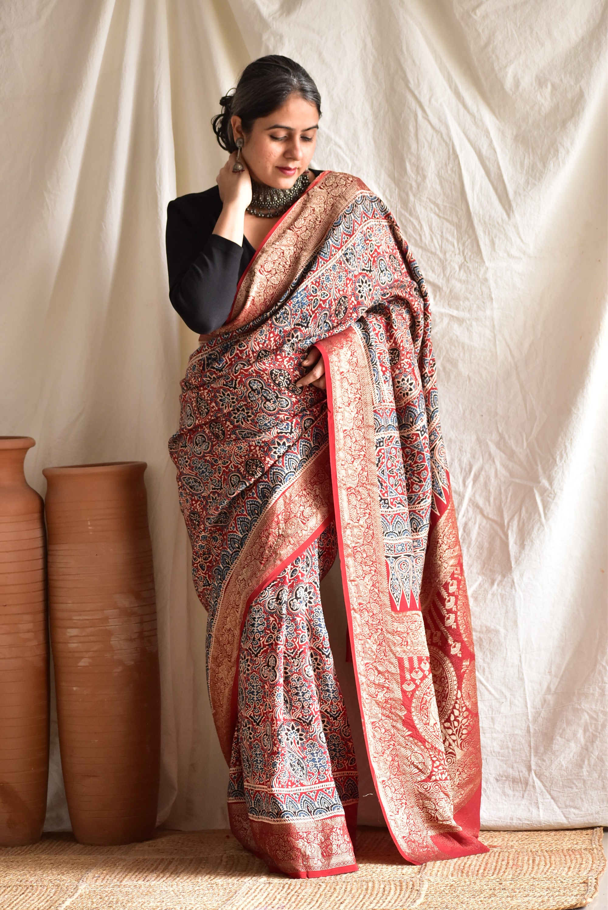 Sanskriti - Ajrakh Dola silk zari pallu saree