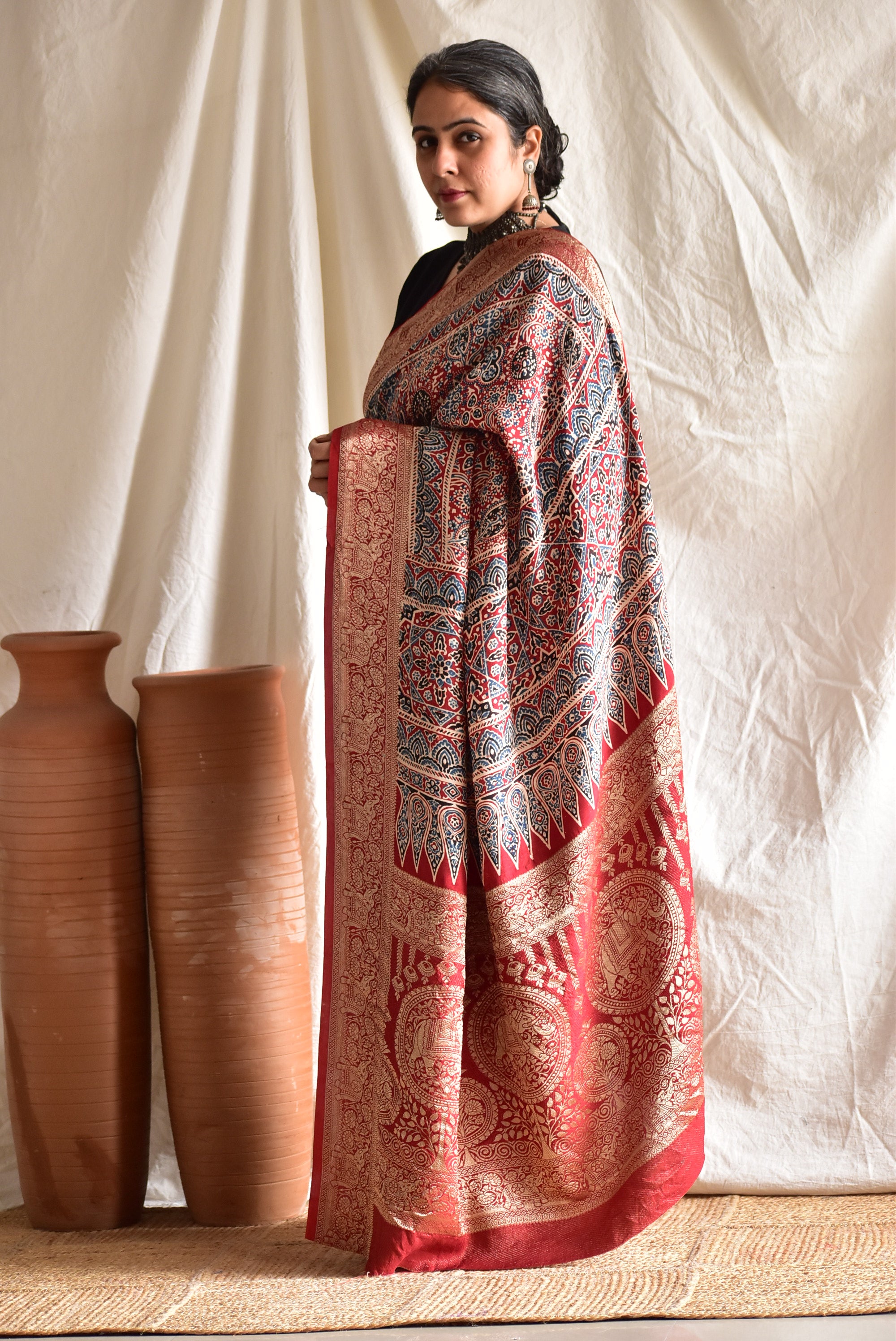 Sanskriti - Ajrakh Dola silk zari pallu saree