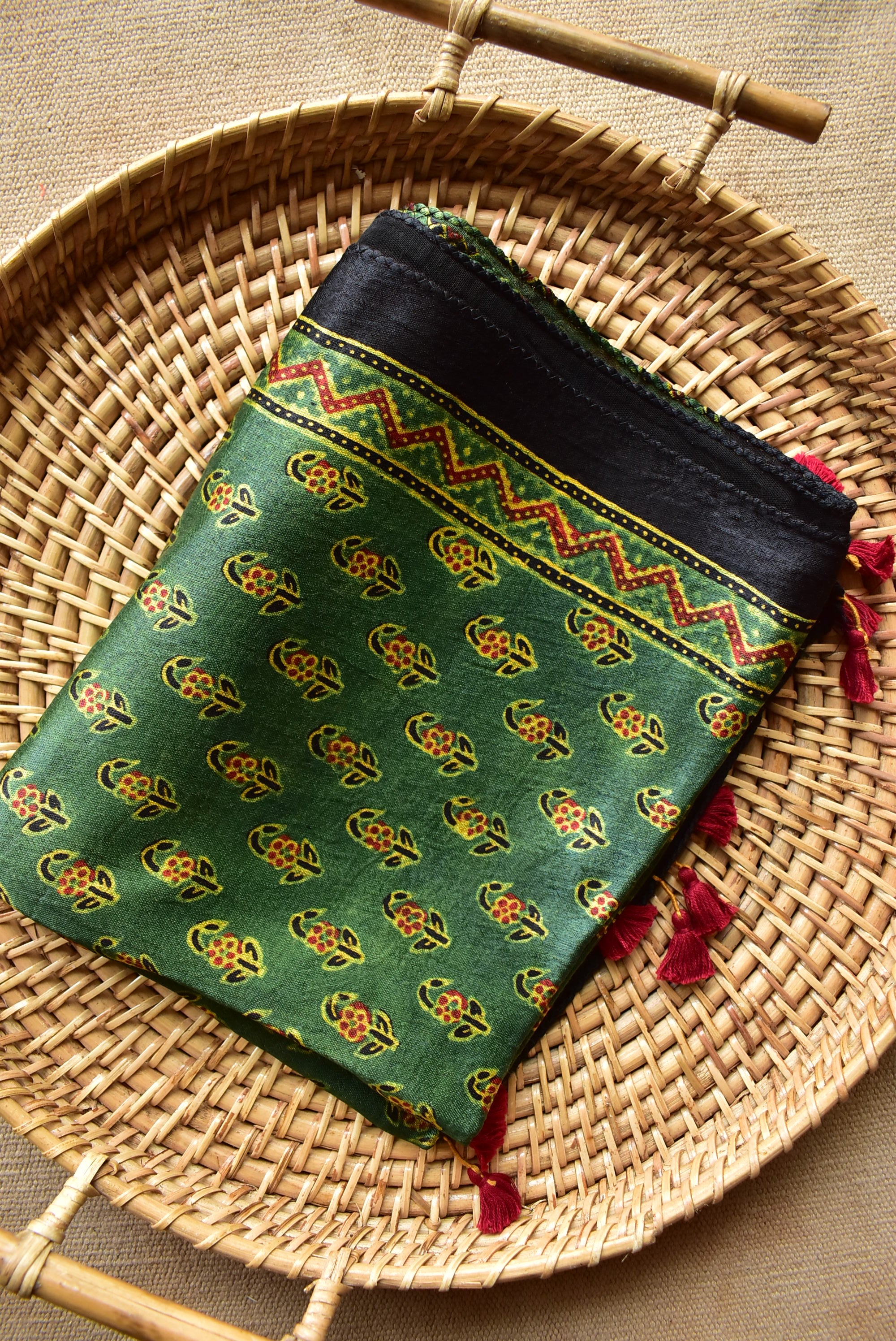 Kairi - Ajrakh hand block printed Mashru silk stole