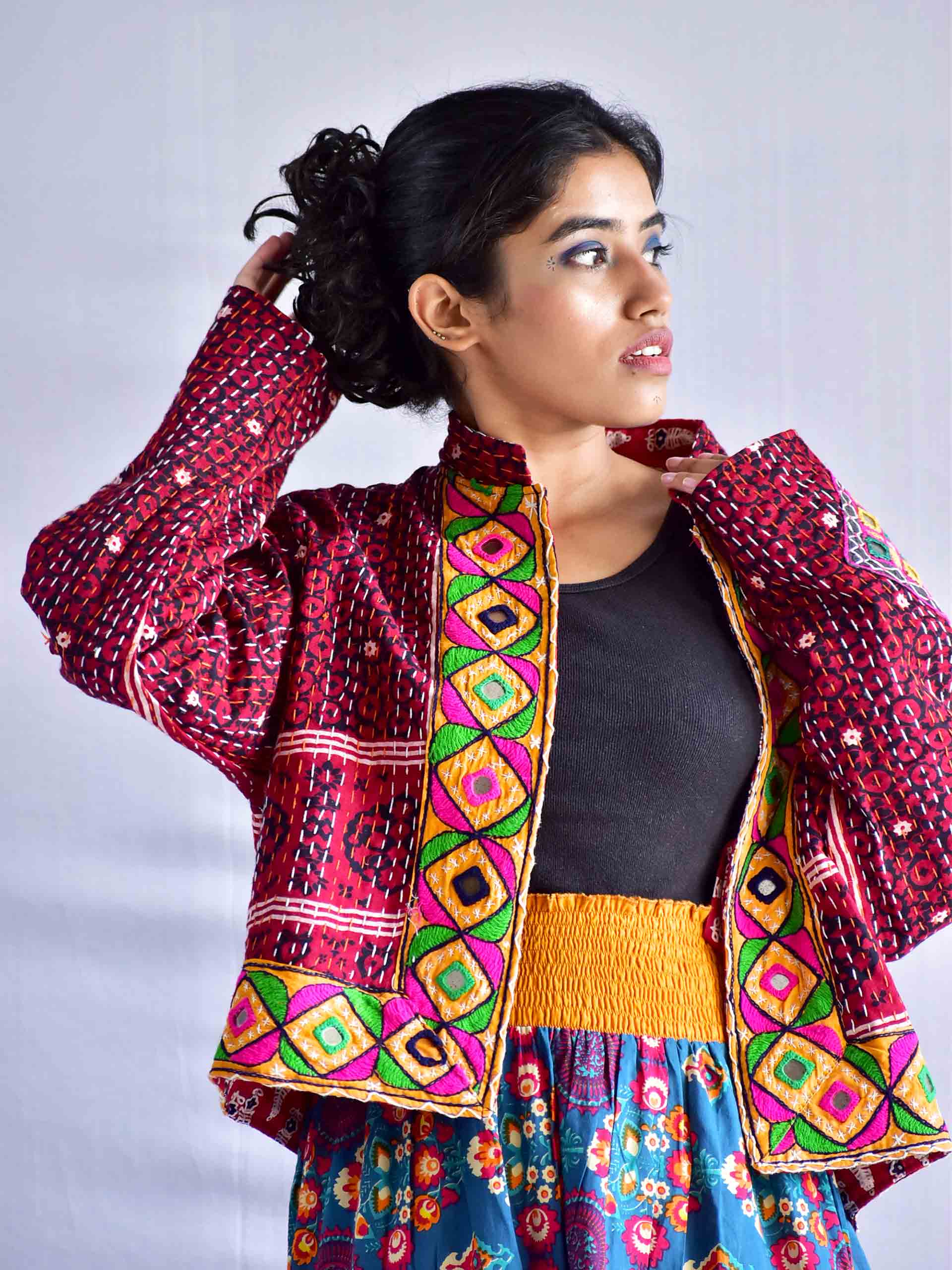 Sutra - mirror work hand embroidered and kantha Reversible jacket