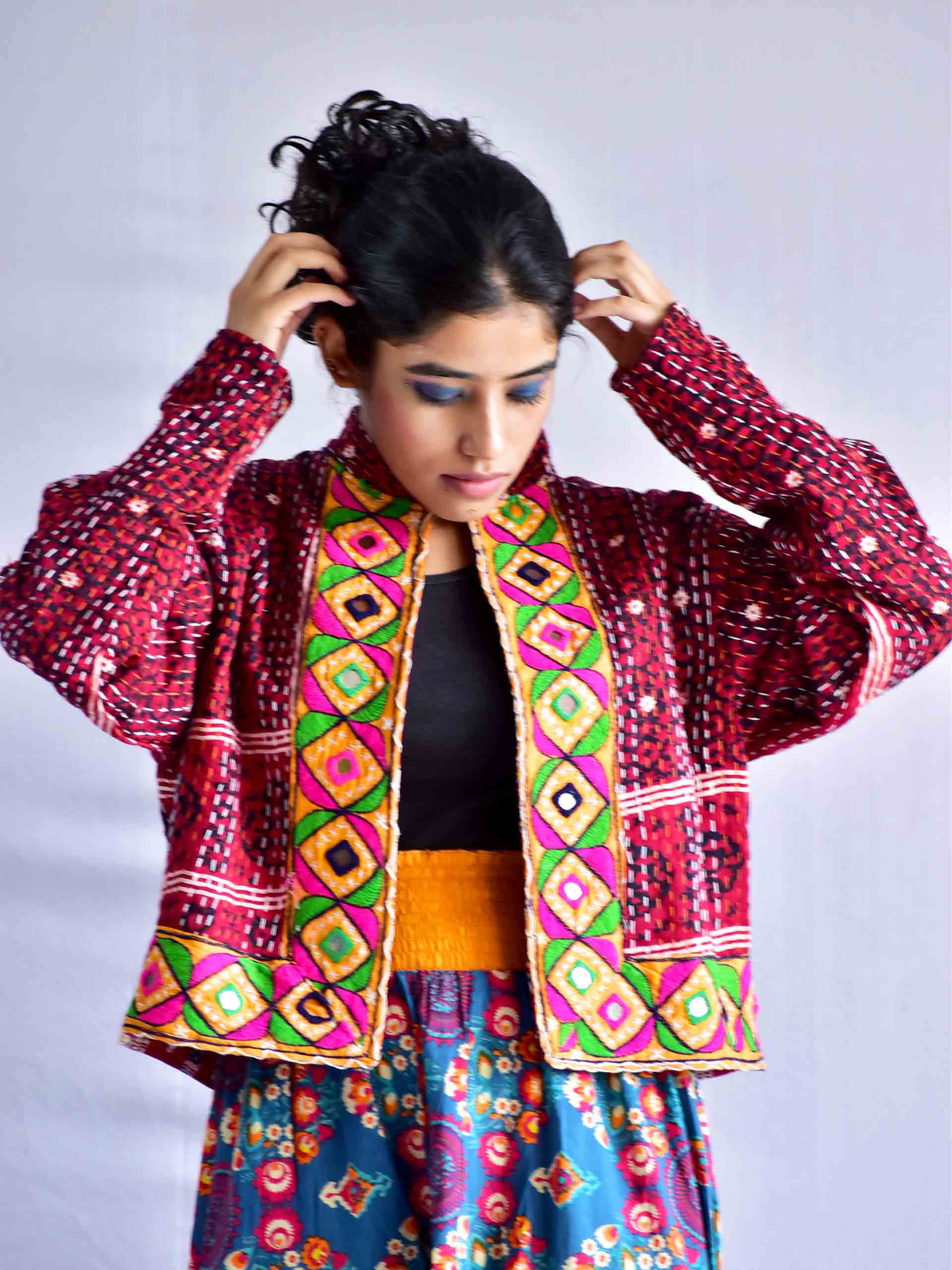 Sutra - mirror work hand embroidered and kantha Reversible jacket