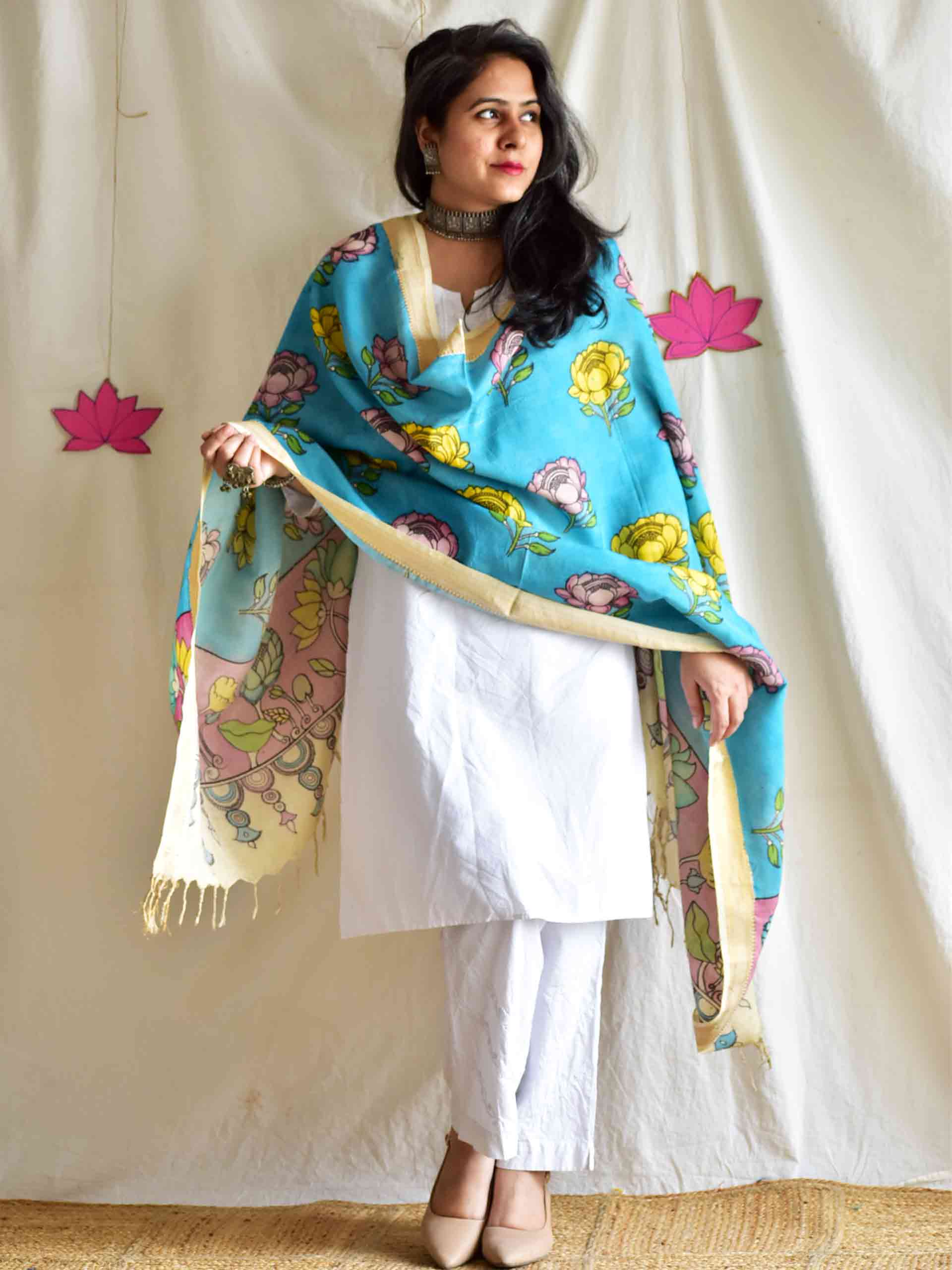 Kamli - Bangalore silk handpainted kalamkari printed Dupatta