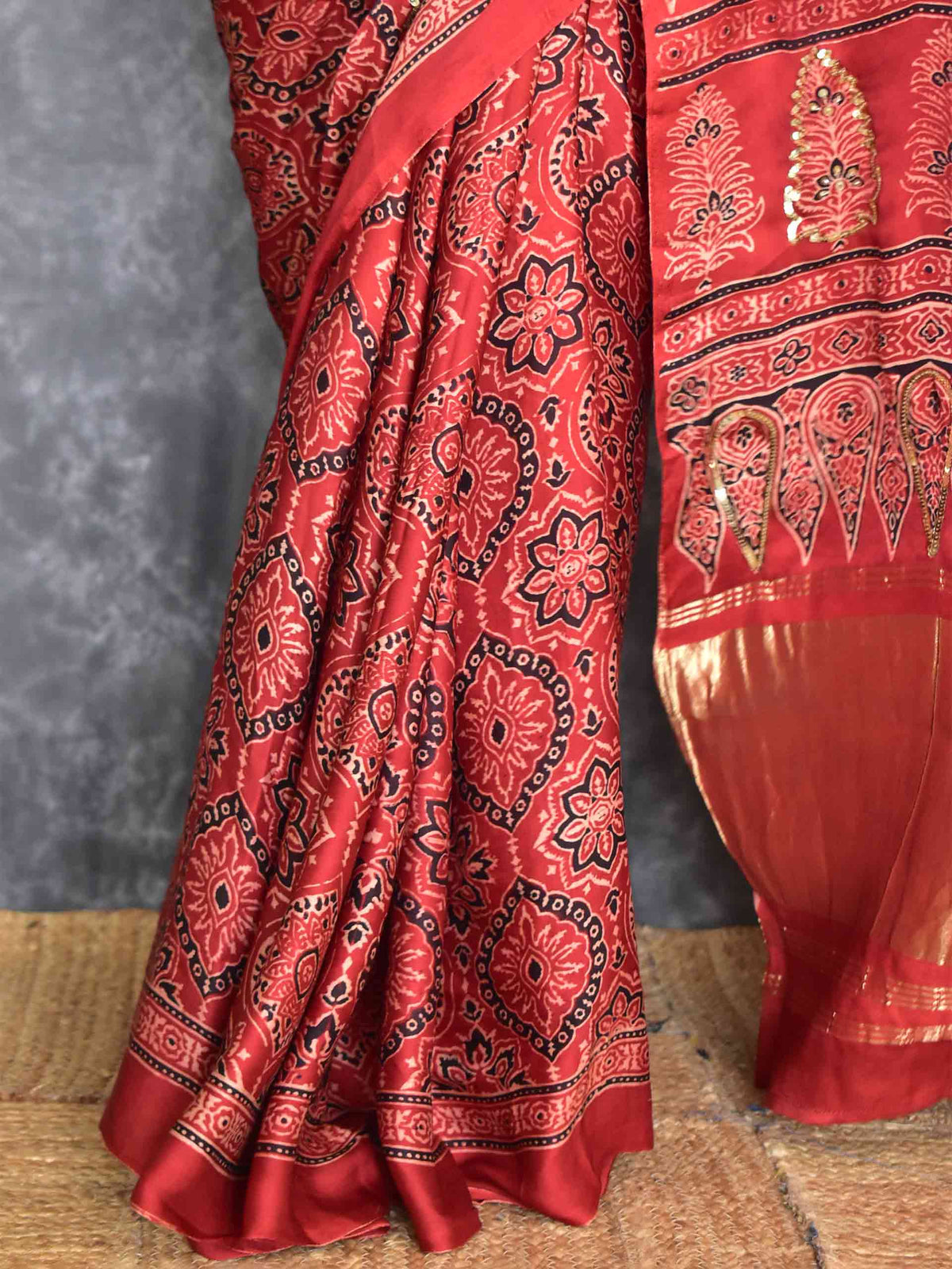 Mohini - Ajrakh Modal Silk hand embroidered Saree