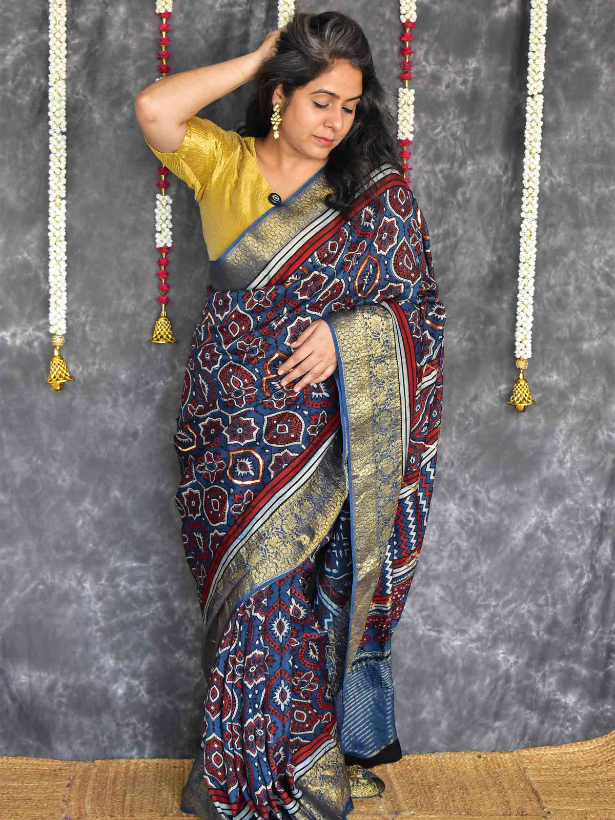 Saawari - Ajrakh Dola Silk hand embroidered Saree