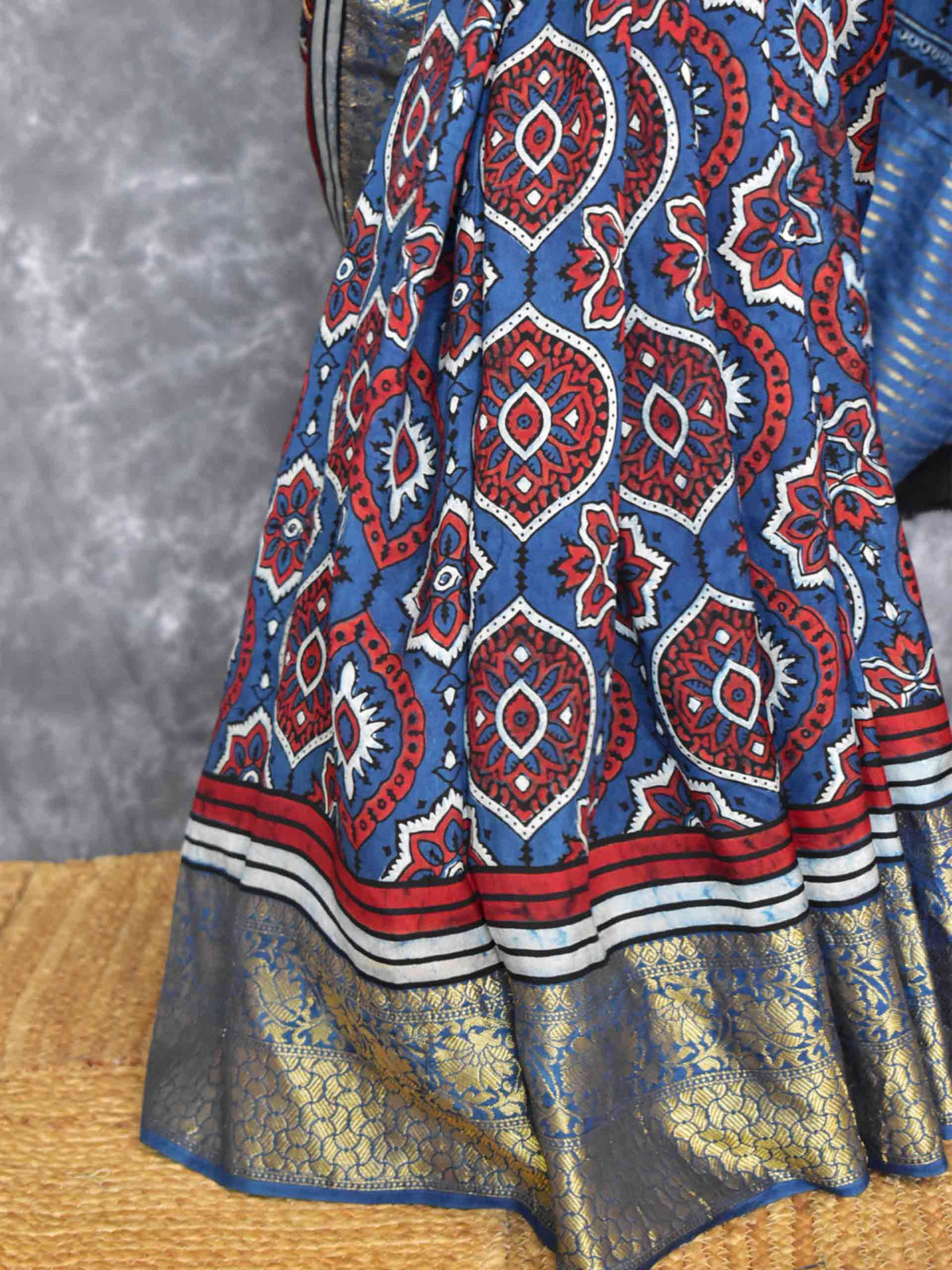 Saawari - Ajrakh Dola Silk hand embroidered Saree