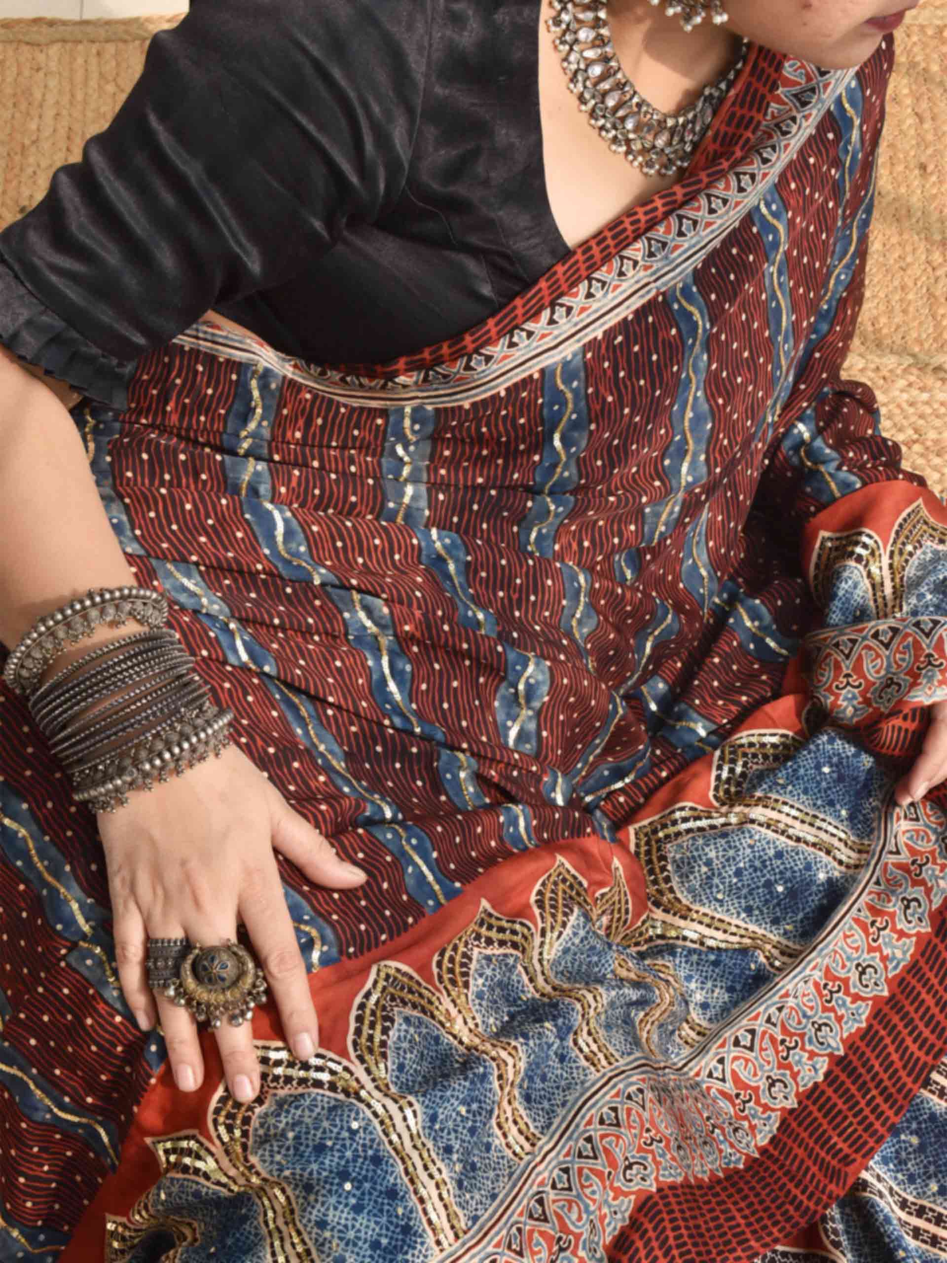 mehran- Ajrakh modal Silk hand embroidered Saree