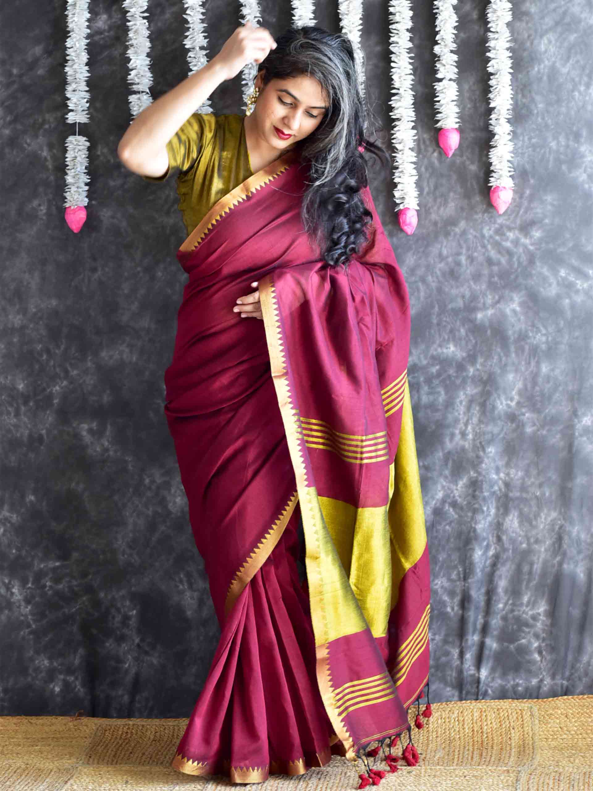 Wine - Mul tissue pallu Saree