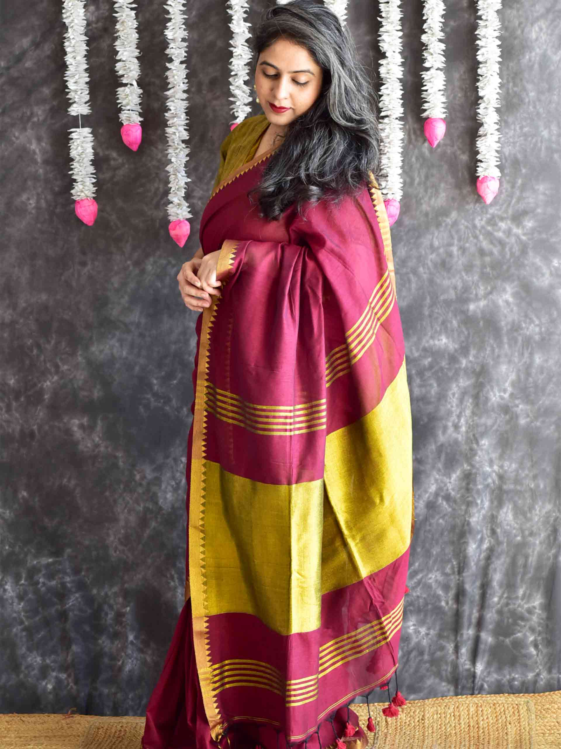 Wine - Mul tissue pallu Saree