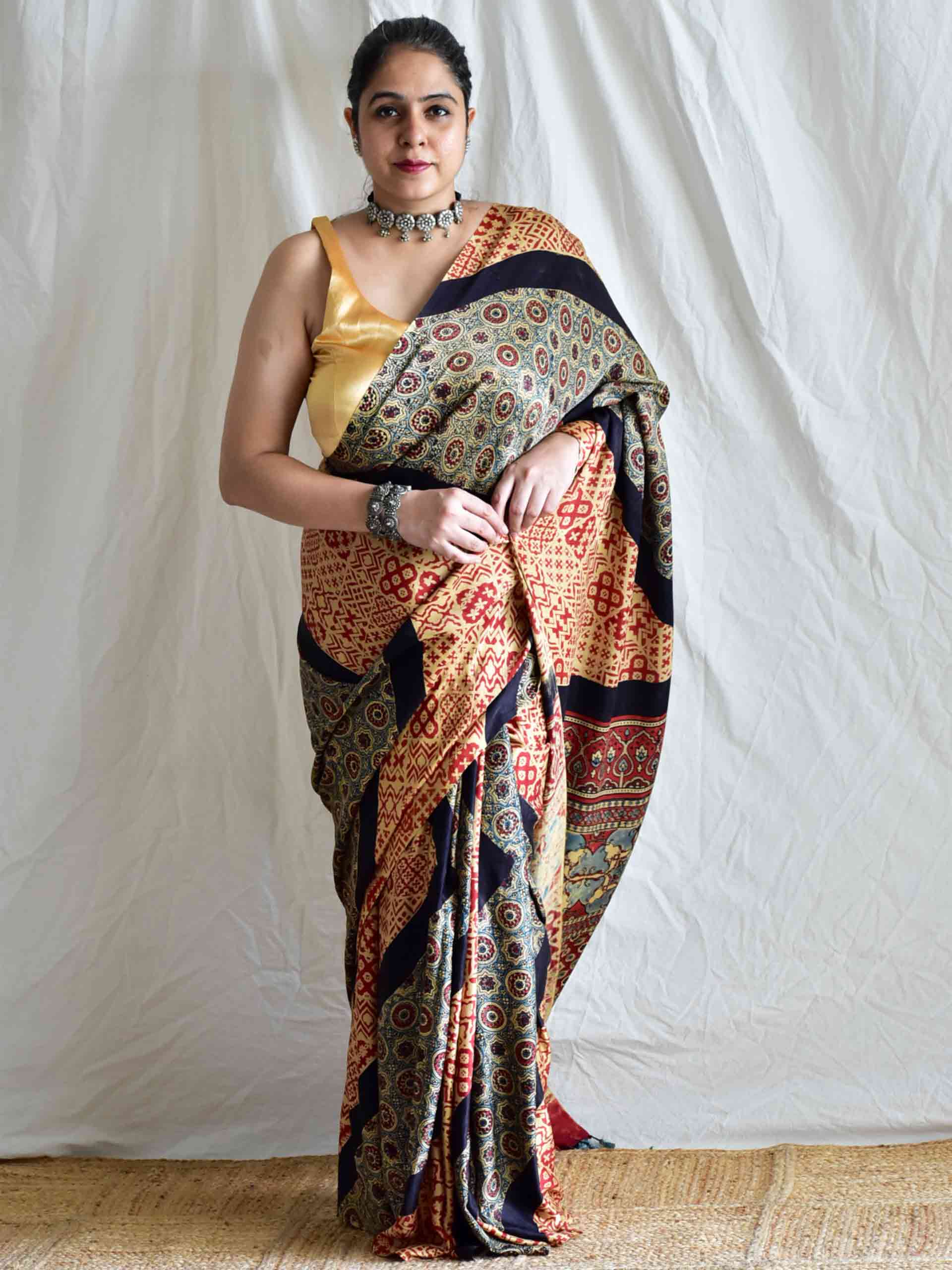 Muskaan - Ajrakh hand block printed gajji silk saree