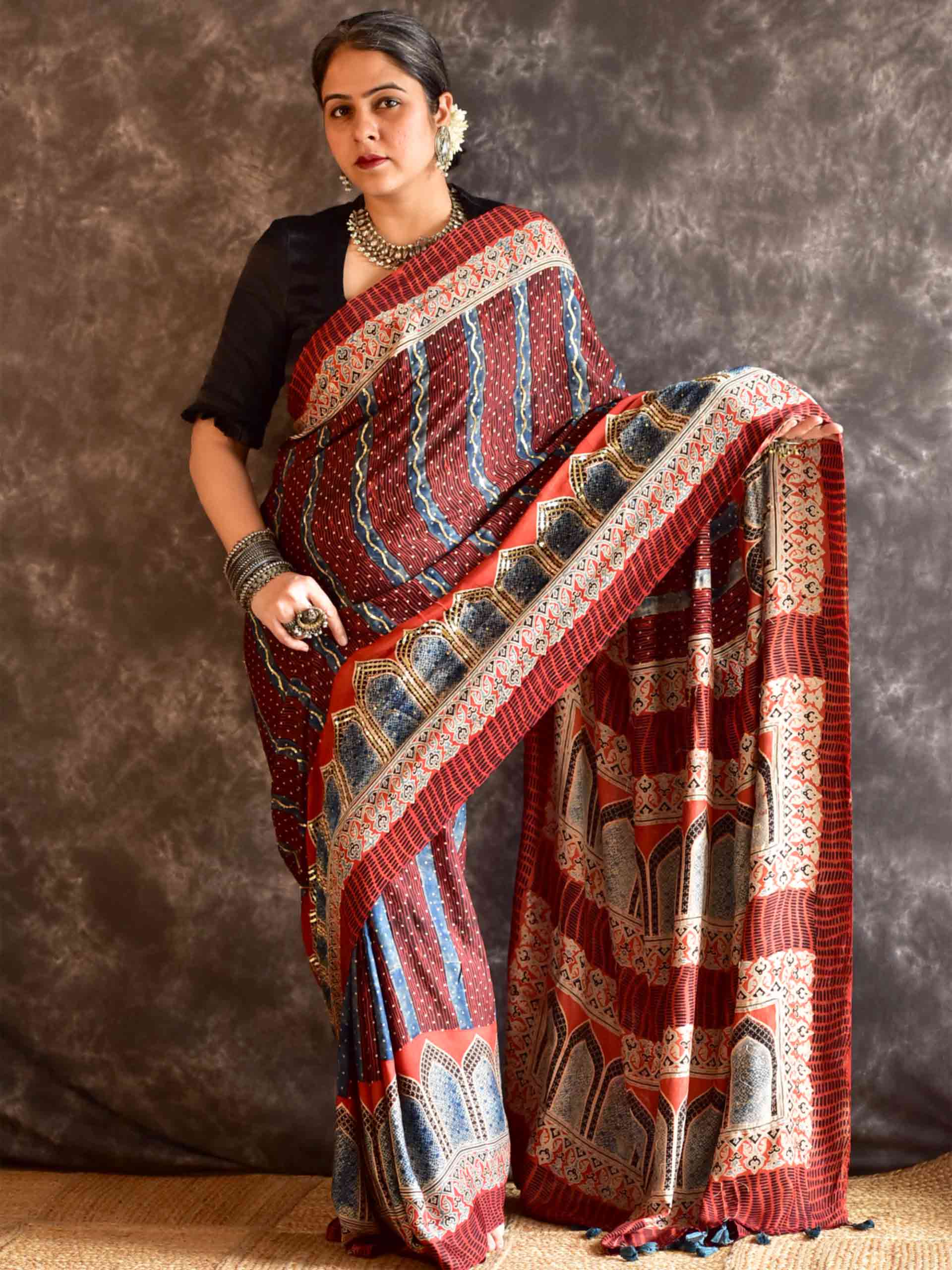 mehran- Ajrakh modal Silk hand embroidered Saree
