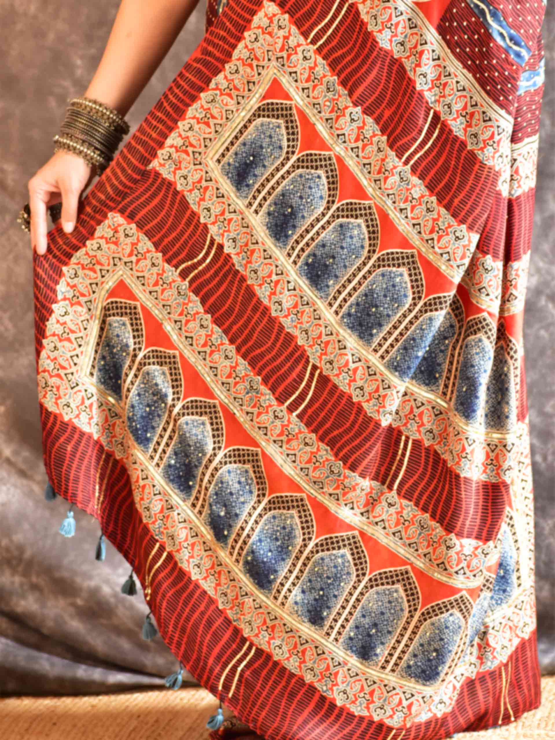 mehran- Ajrakh modal Silk hand embroidered Saree