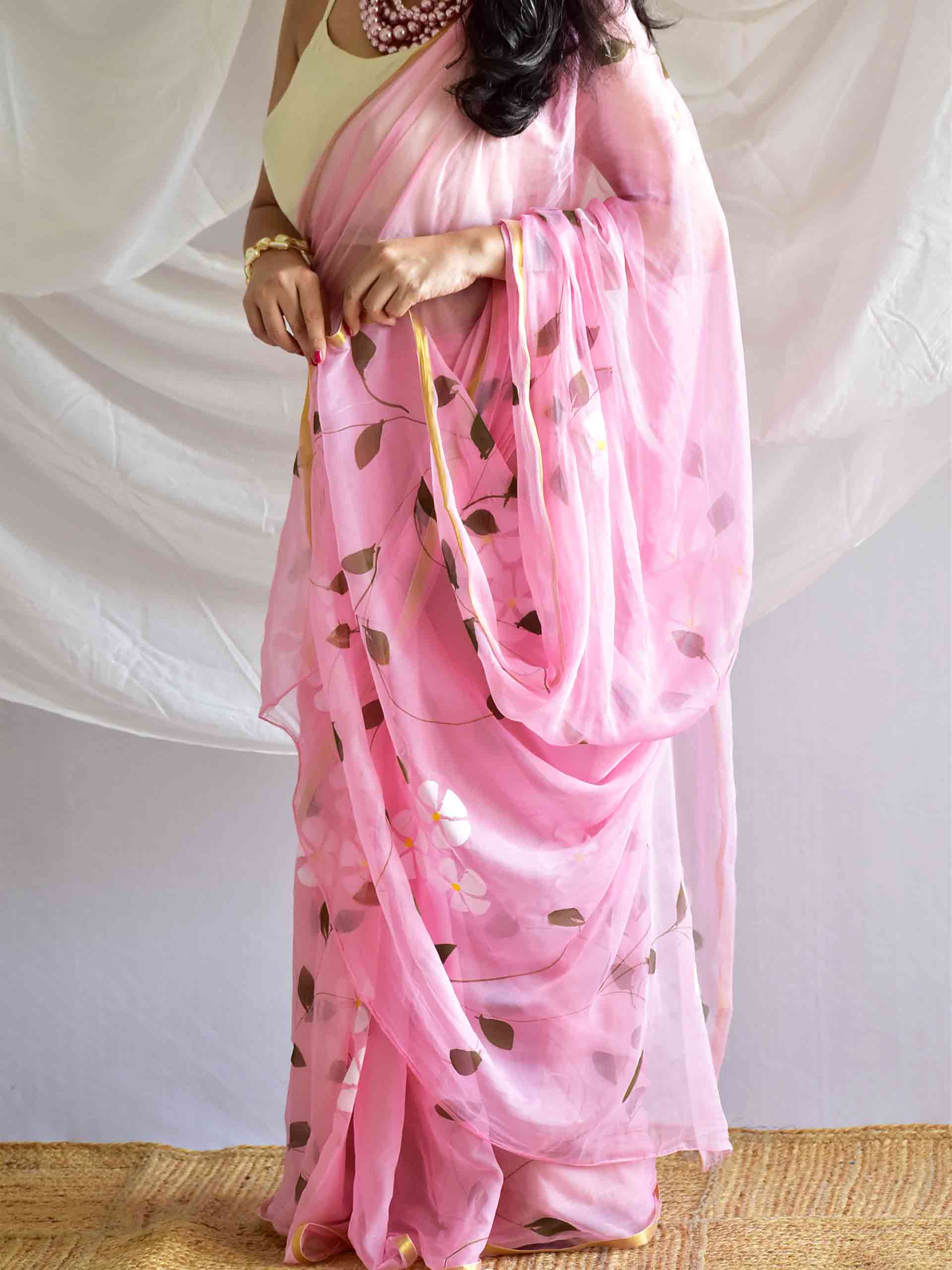 Moonlit Garden - Hand painted chiffon saree