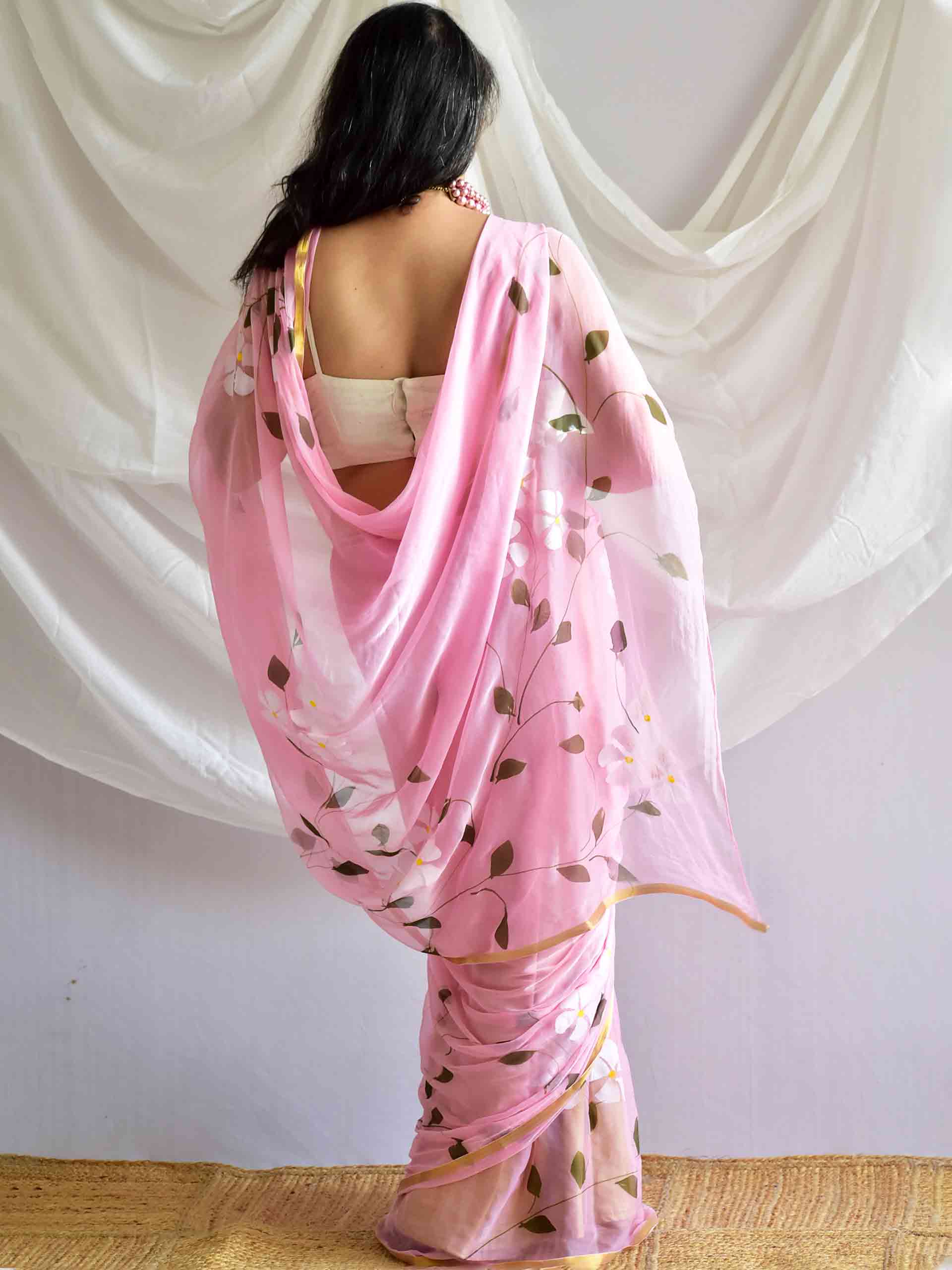 Moonlit Garden - Hand painted chiffon saree