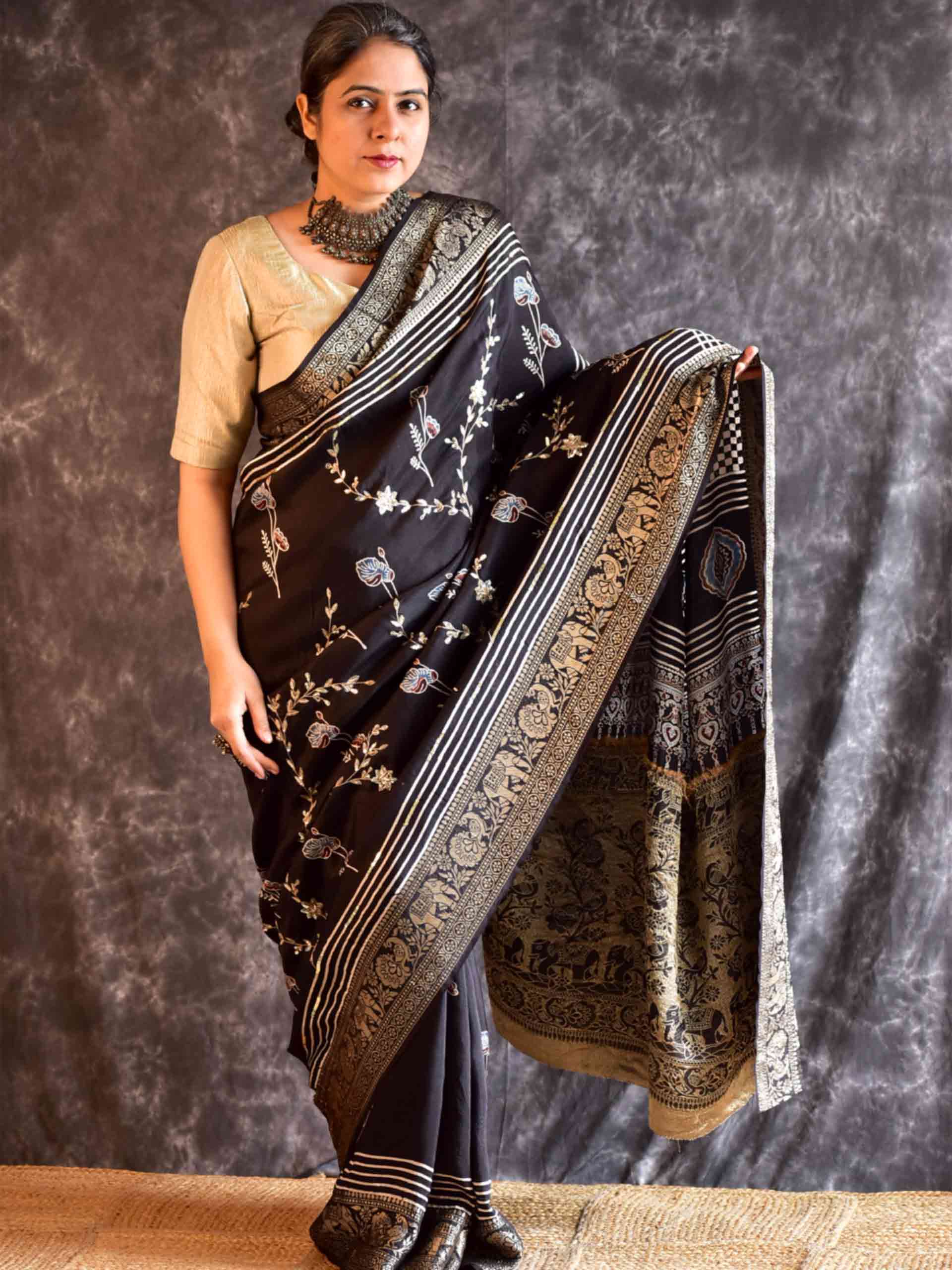 Moti - Ajrakh Dola Silk hand embroidered Saree