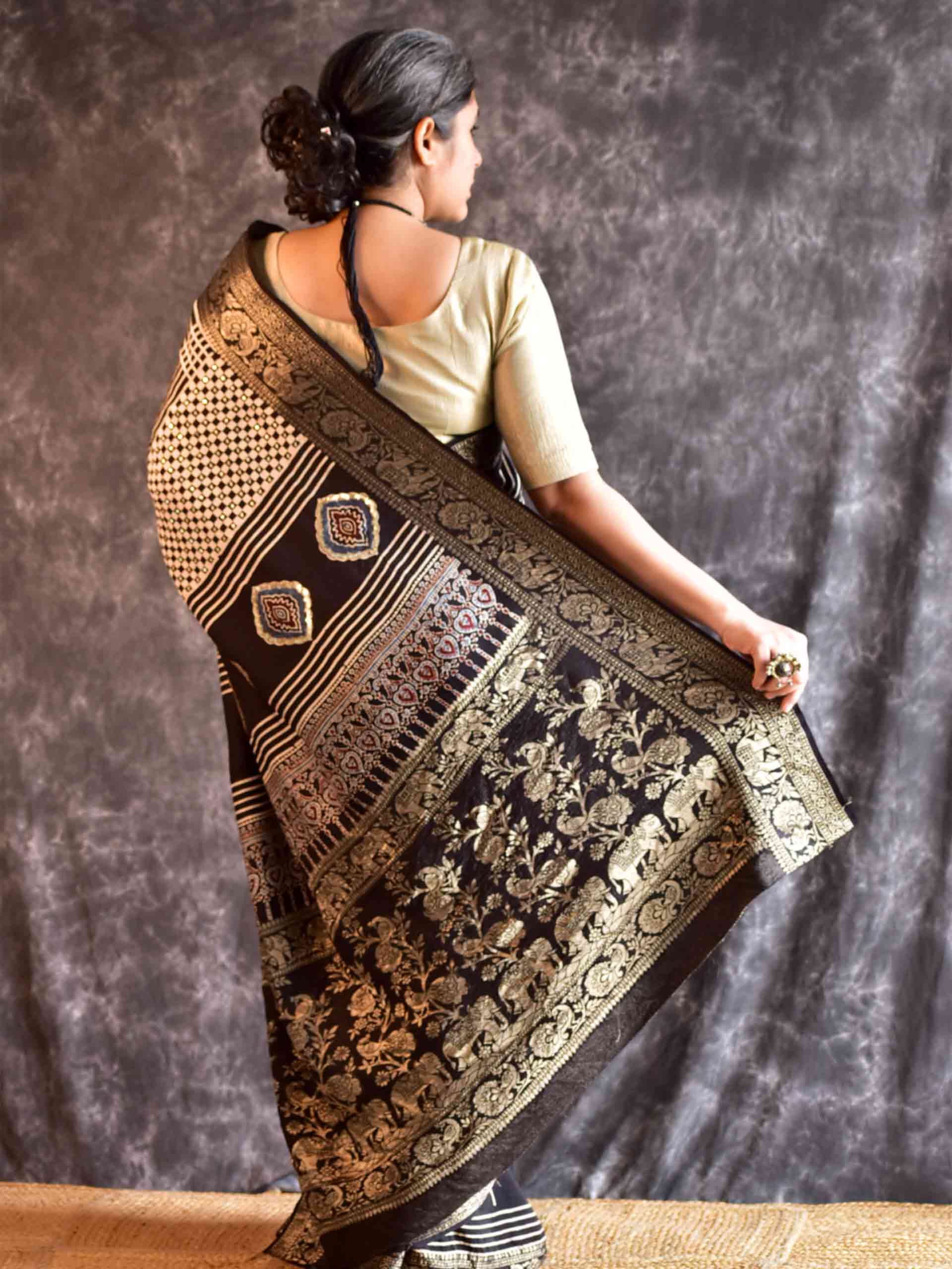 Moti - Ajrakh Dola Silk hand embroidered Saree