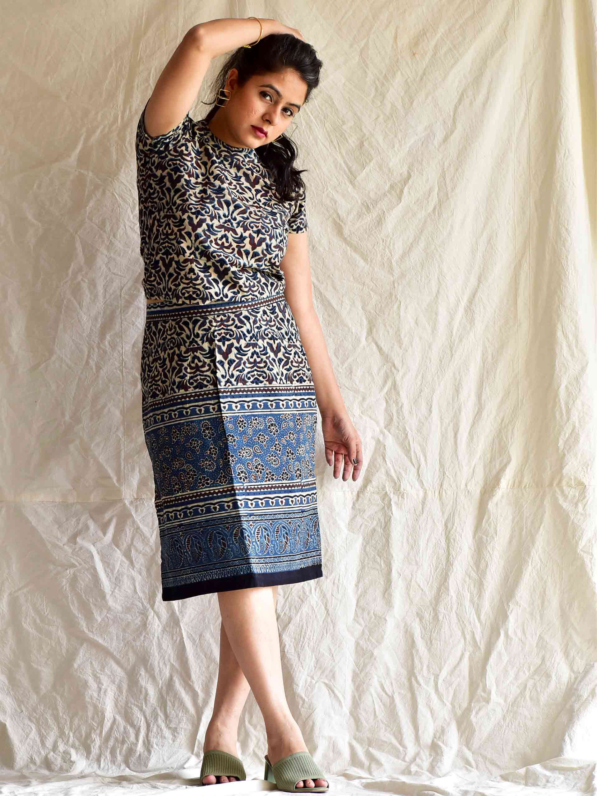 River -  Ajrakh hand block printed skirt set