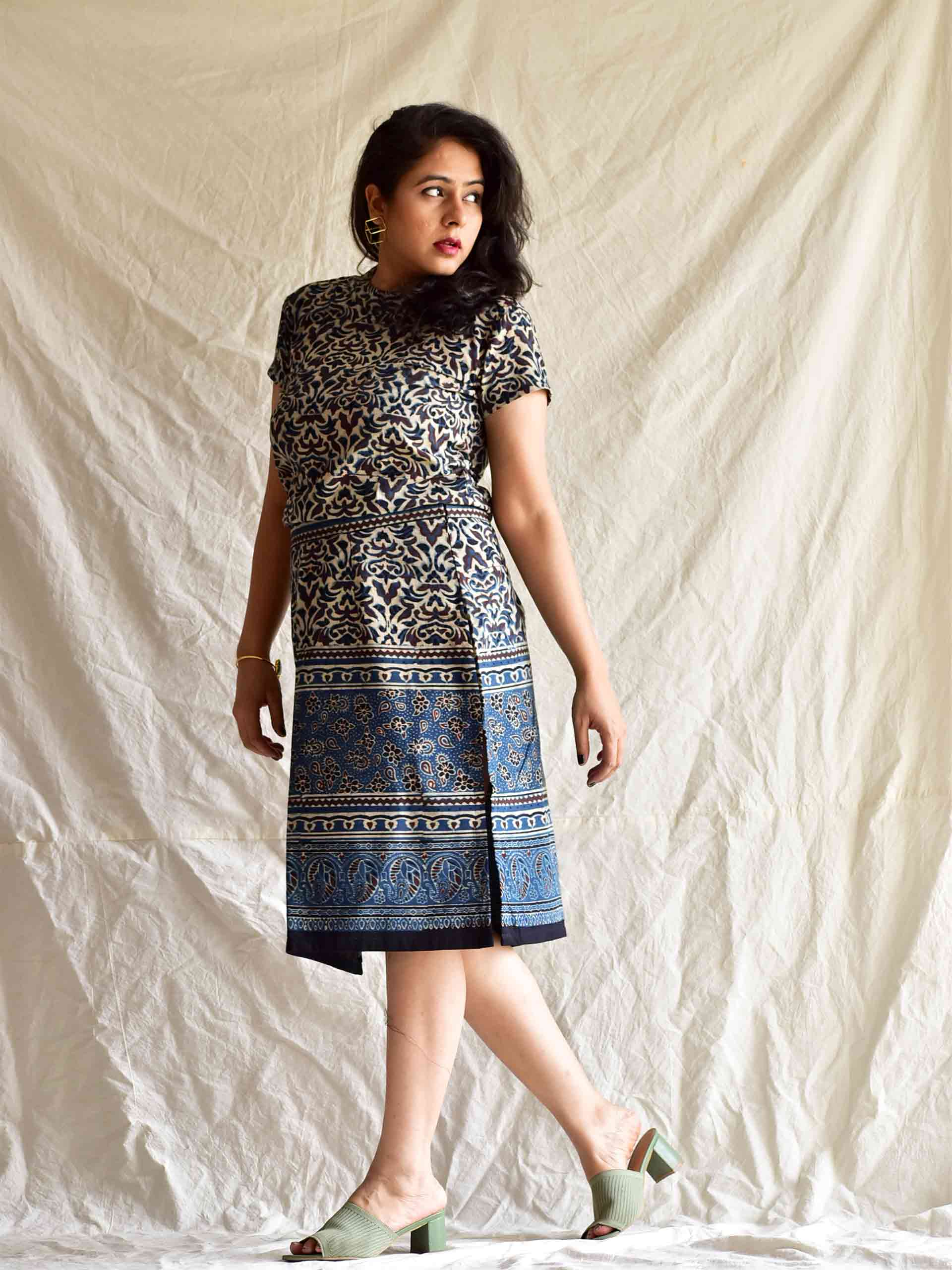 River -  Ajrakh hand block printed skirt set