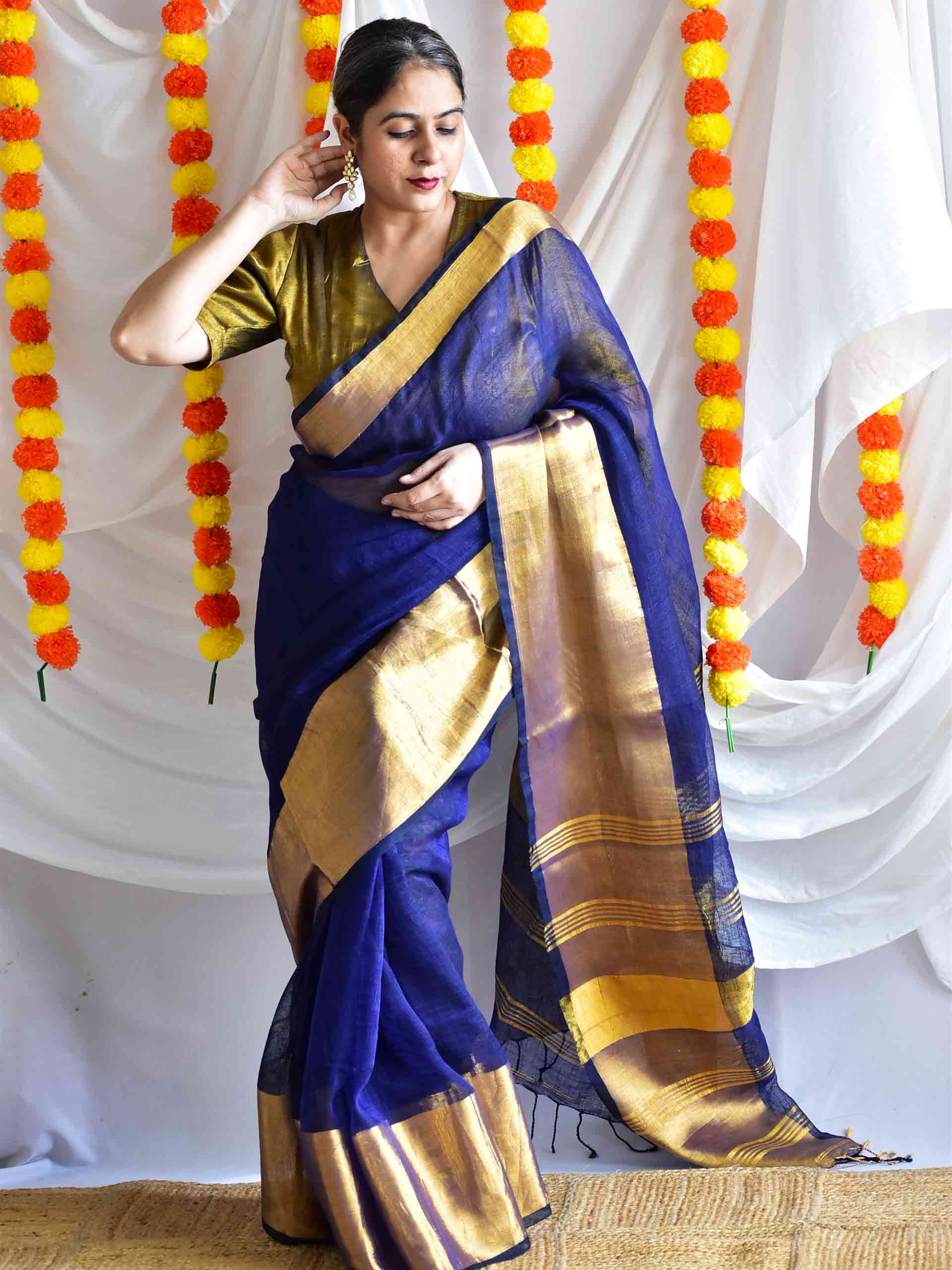 blue poppy - Linen zari Saree