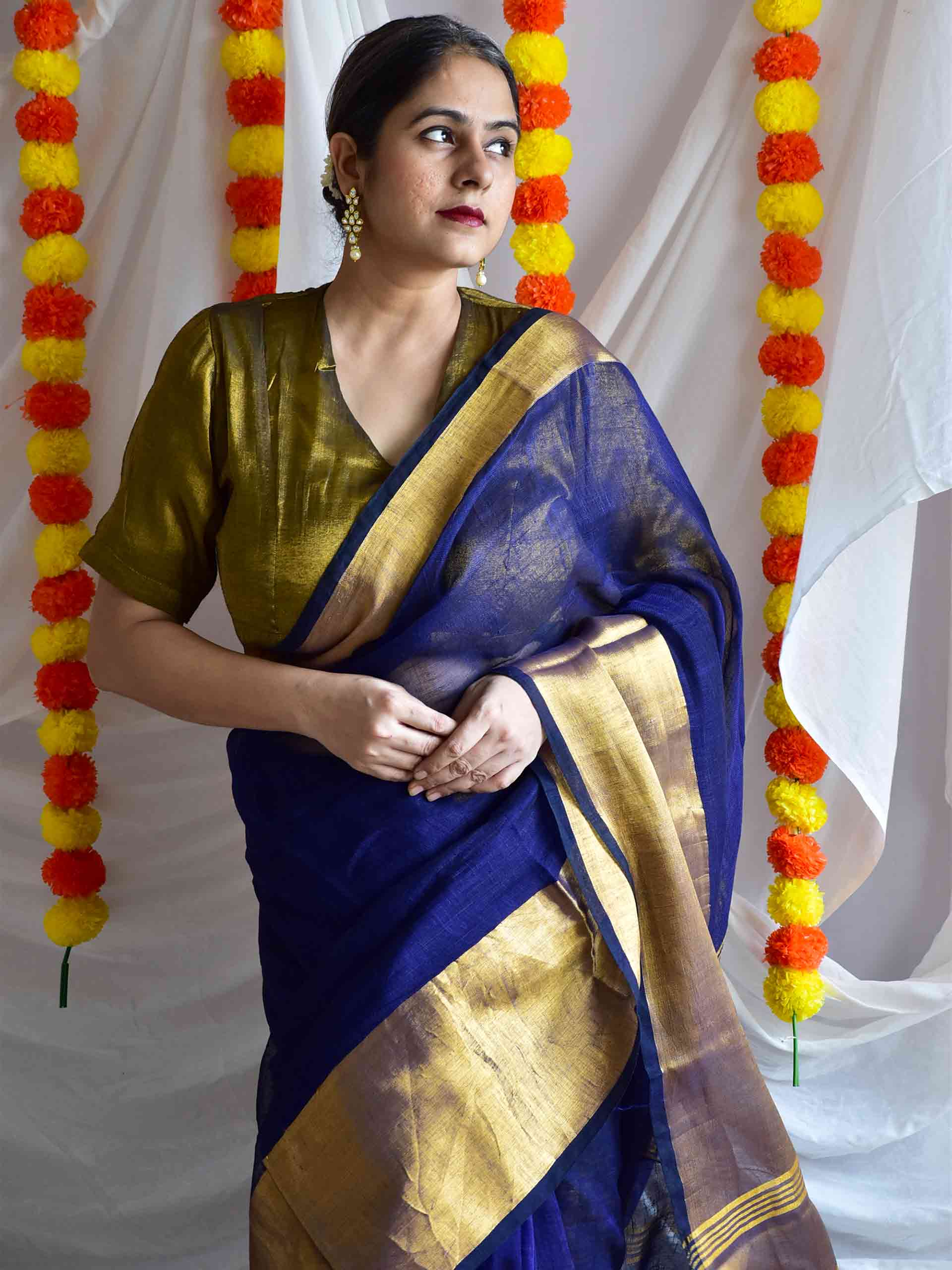 blue poppy - Linen zari Saree